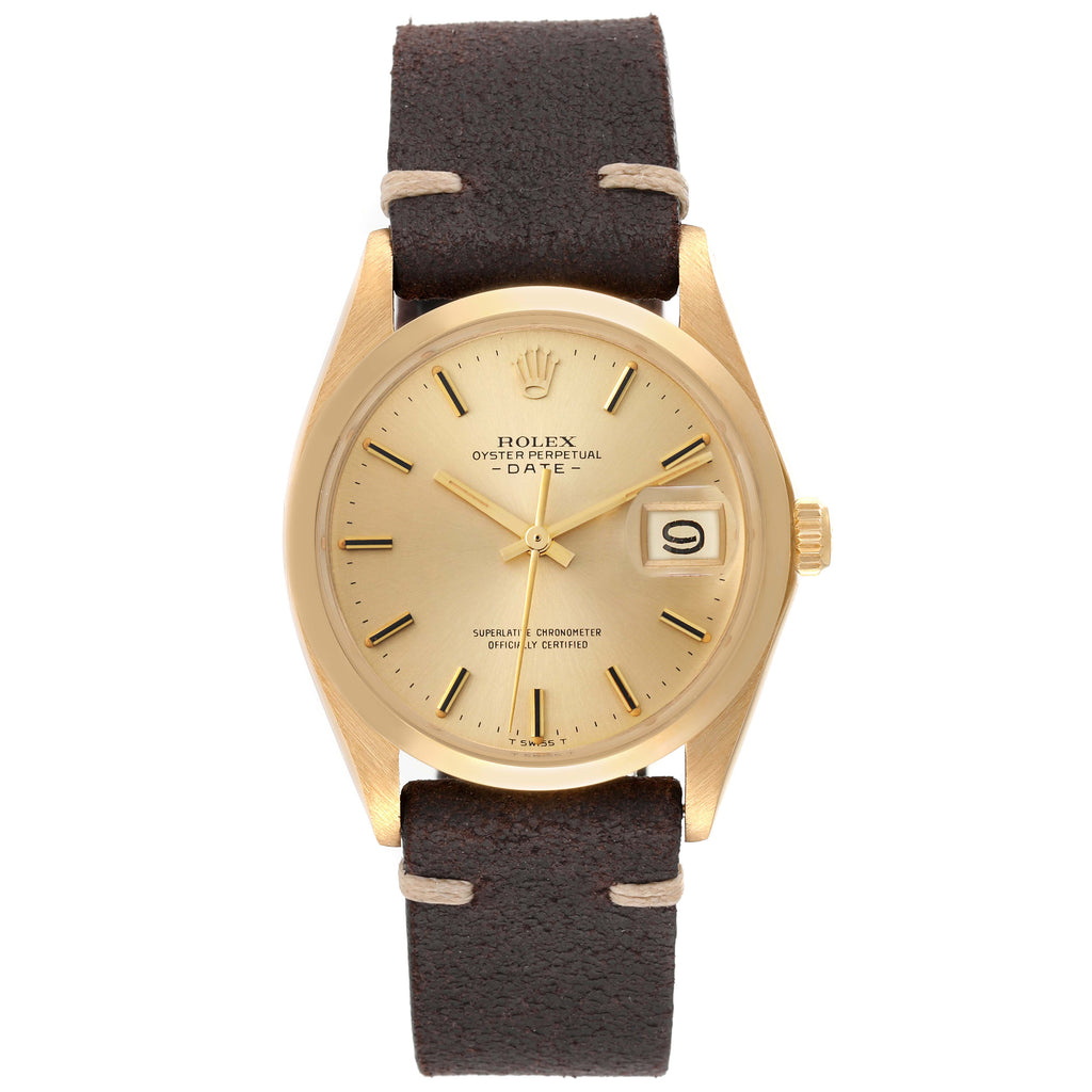 Rolex Date 18k Yellow Gold Champagne Dial Vintage Mens Watch 1500