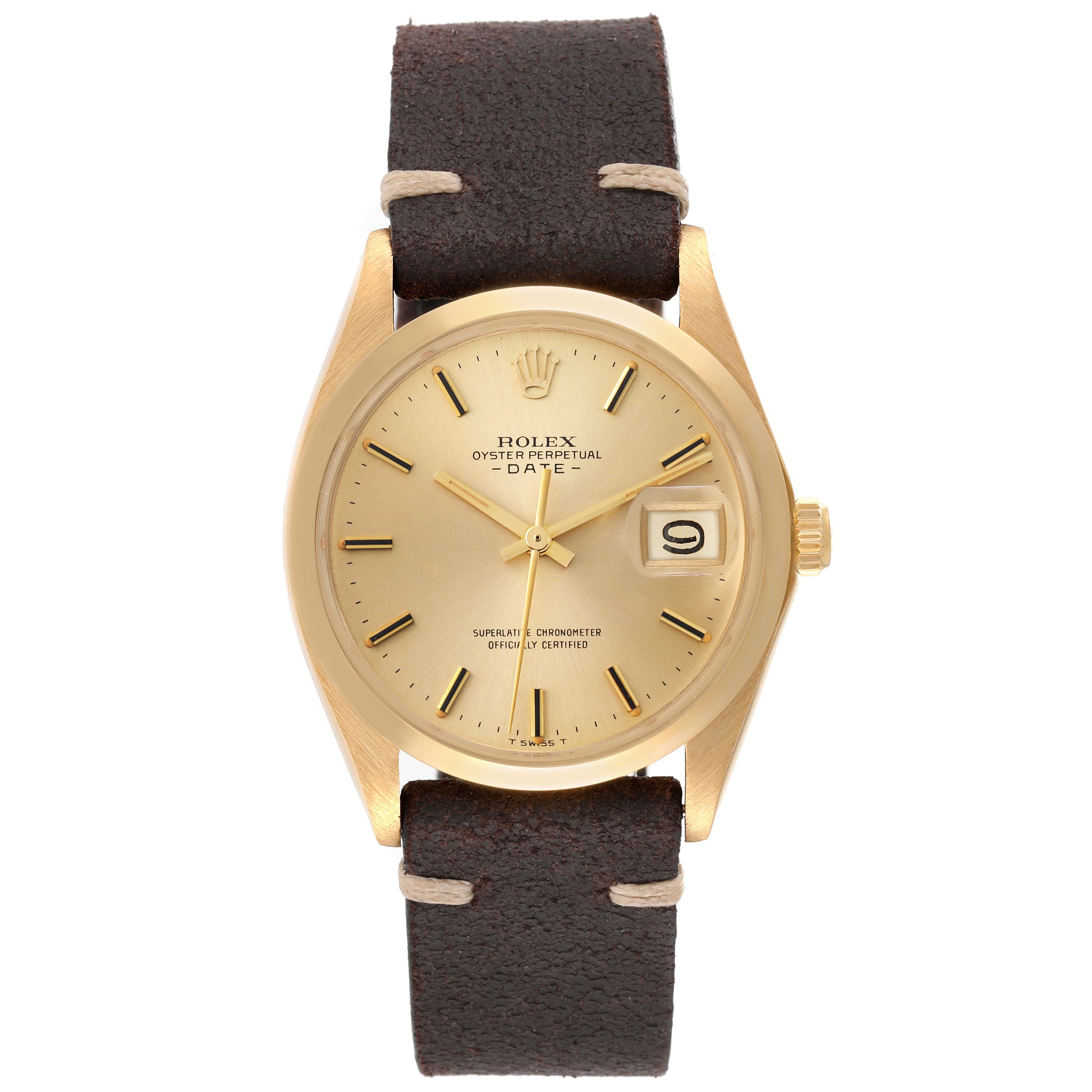 Rolex Date 18k Yellow Gold Champagne Dial Vintage Mens Watch 1500