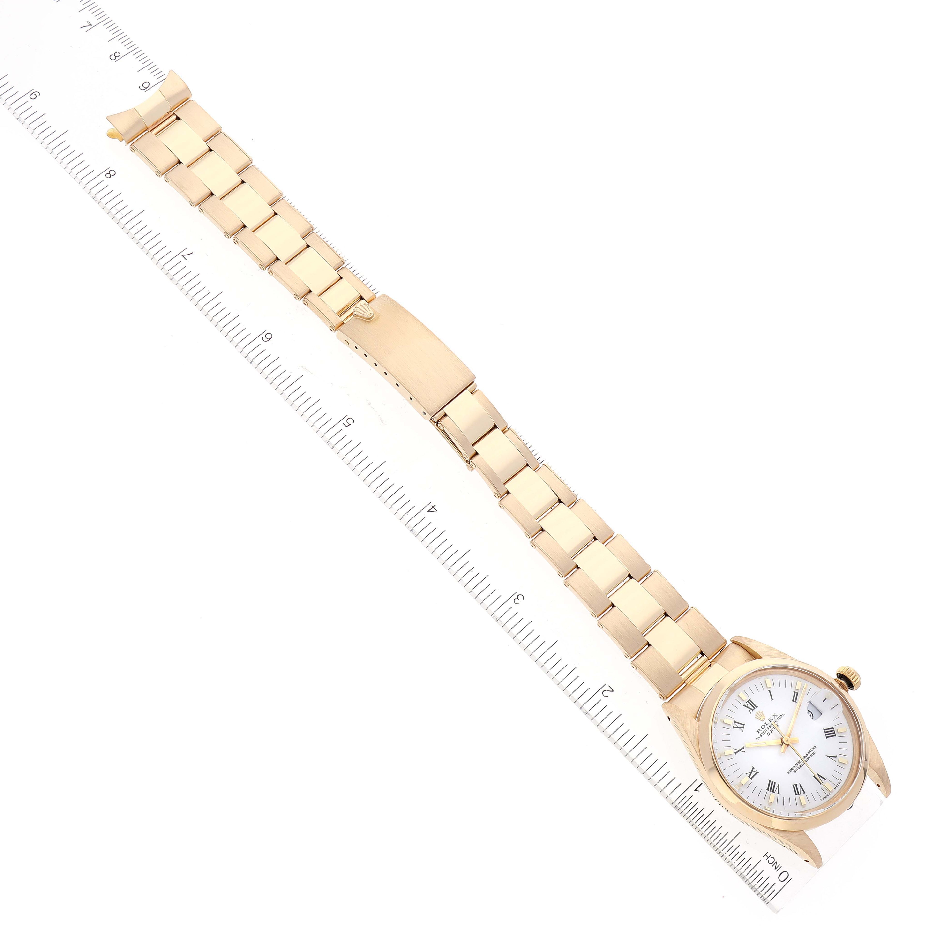 Rolex Date 18k Yellow Gold White Roman Dial Vintage Mens Watch 15008