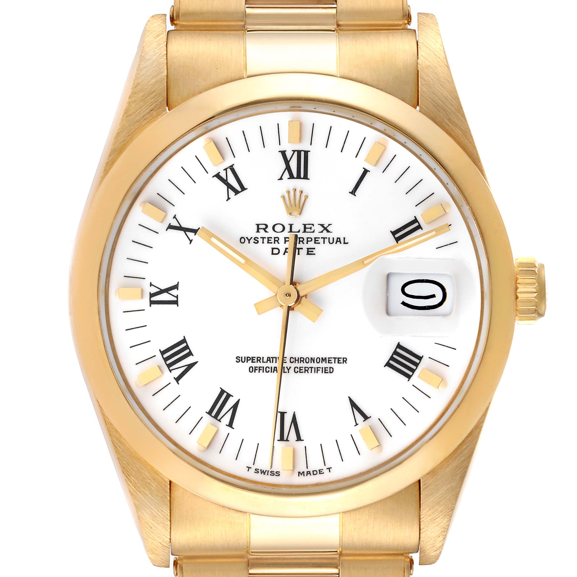 Rolex Date 18k Yellow Gold White Roman Dial Vintage Mens Watch 15008
