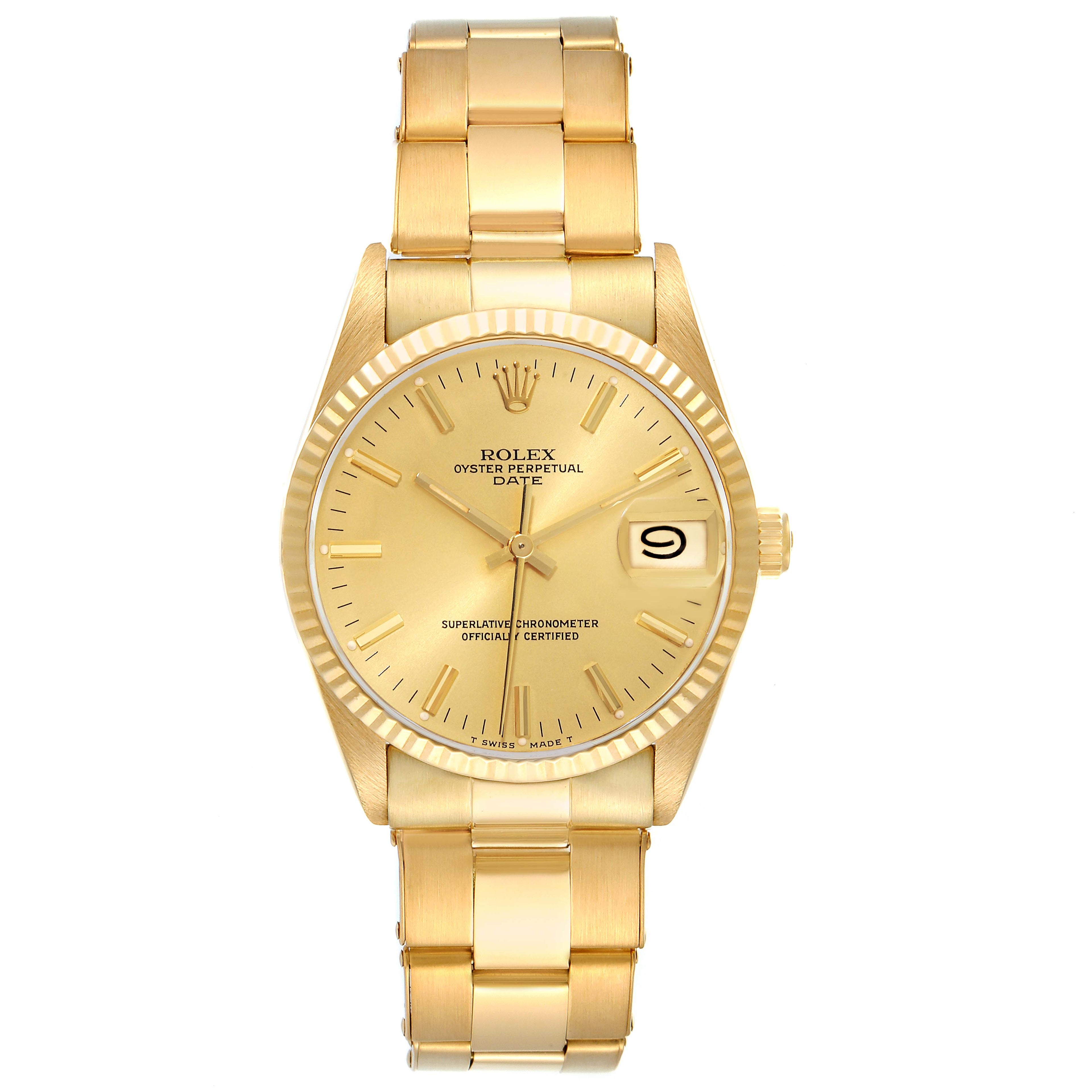 Rolex Date 18k Yellow Gold White Roman Dial Vintage Mens Watch 15038