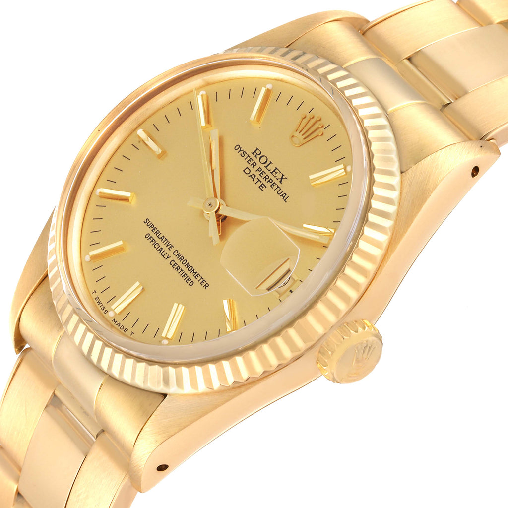 Rolex Date 18k Yellow Gold White Roman Dial Vintage Mens Watch 15038