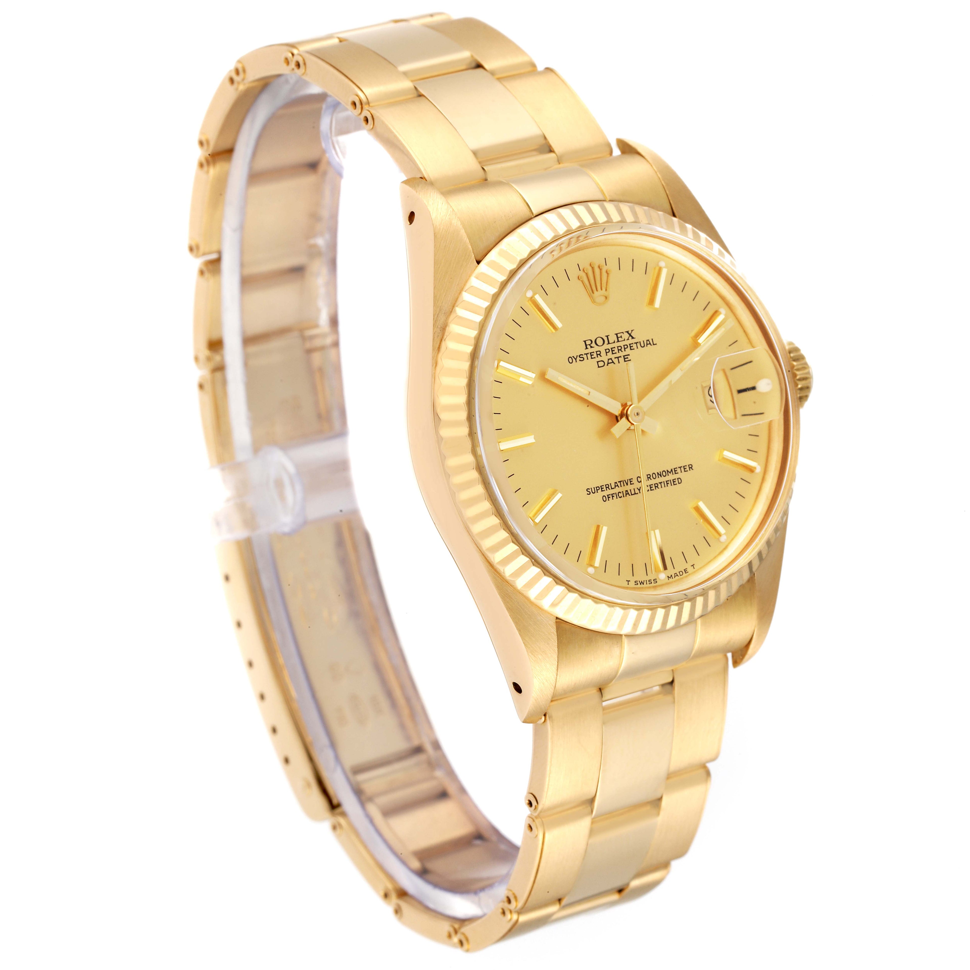 Rolex Date 18k Yellow Gold White Roman Dial Vintage Mens Watch 15038