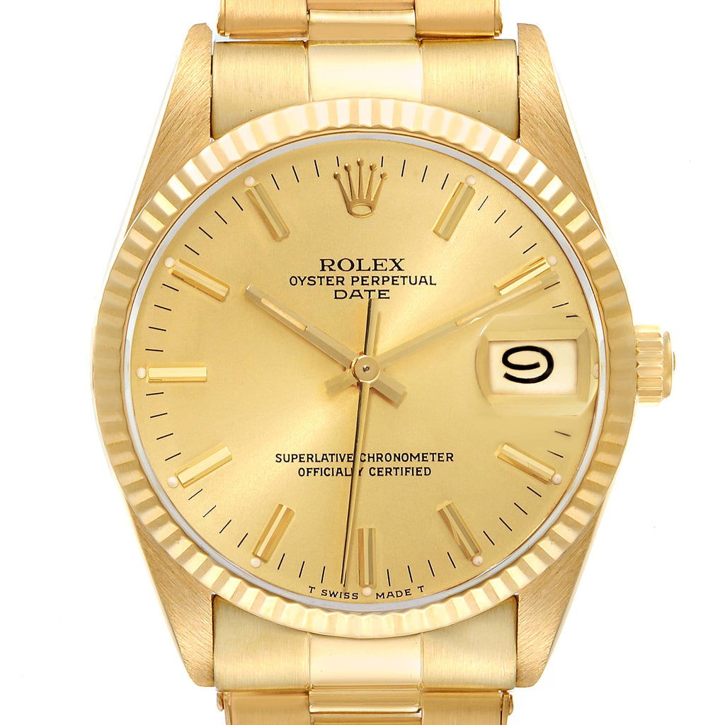 Rolex Date 18k Yellow Gold White Roman Dial Vintage Mens Watch 15038