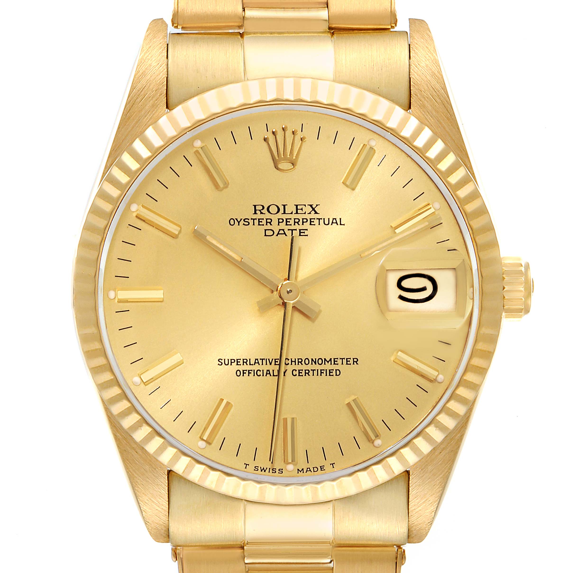 Rolex Date 18k Yellow Gold White Roman Dial Vintage Mens Watch 15038