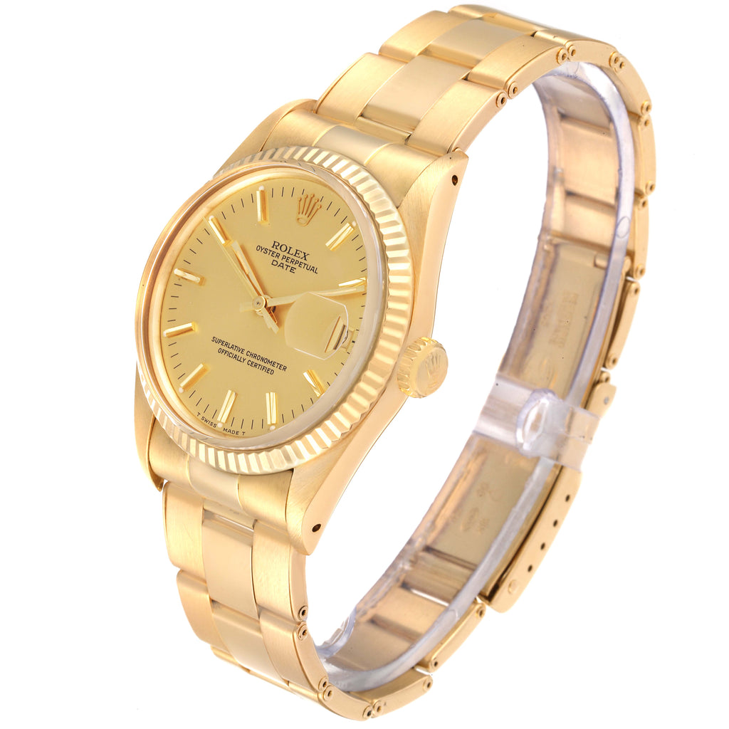 Rolex Date 18k Yellow Gold White Roman Dial Vintage Mens Watch 15038