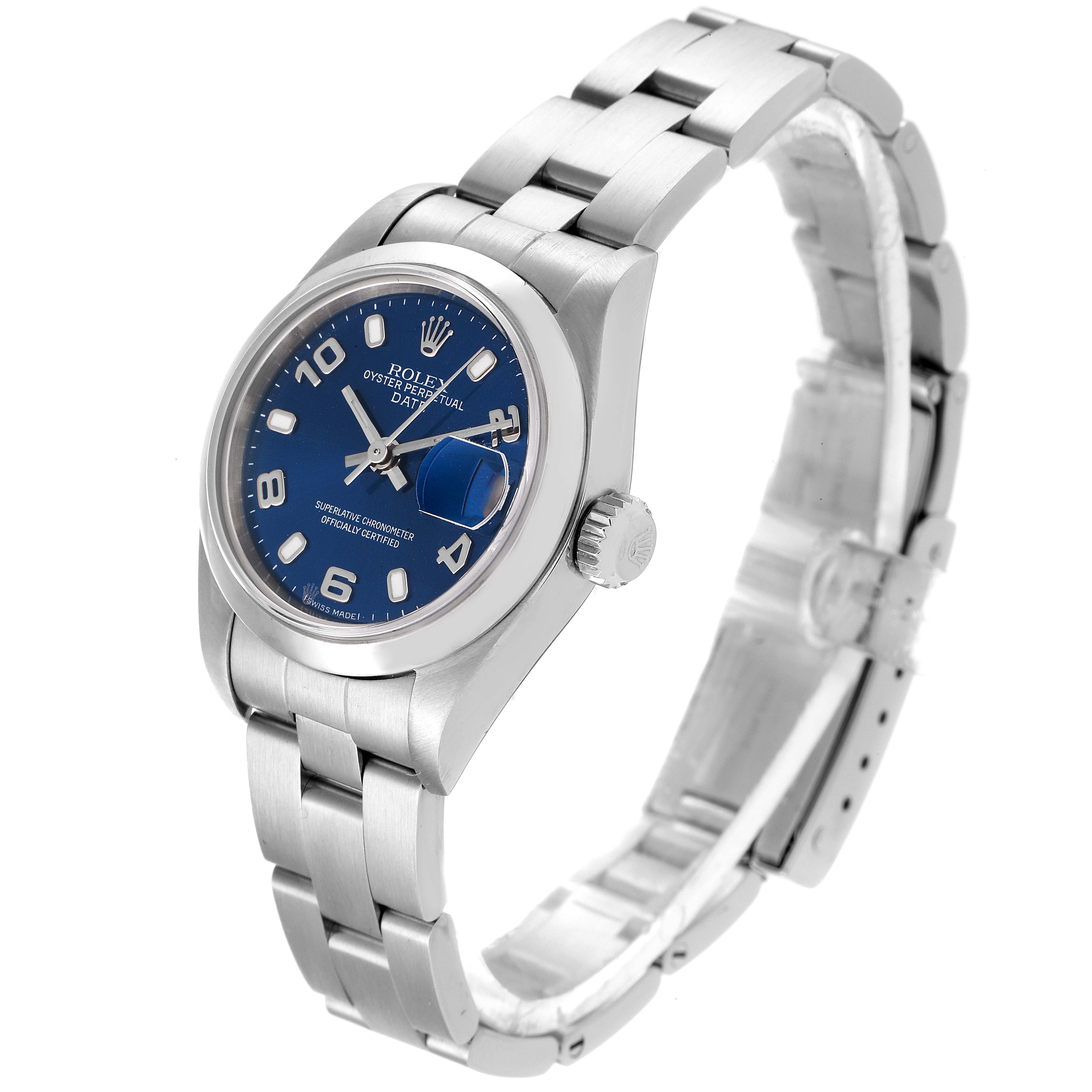 Rolex Date 26 Blue Dial Domed Bezel Steel Ladies Watch 79160 Box Papers