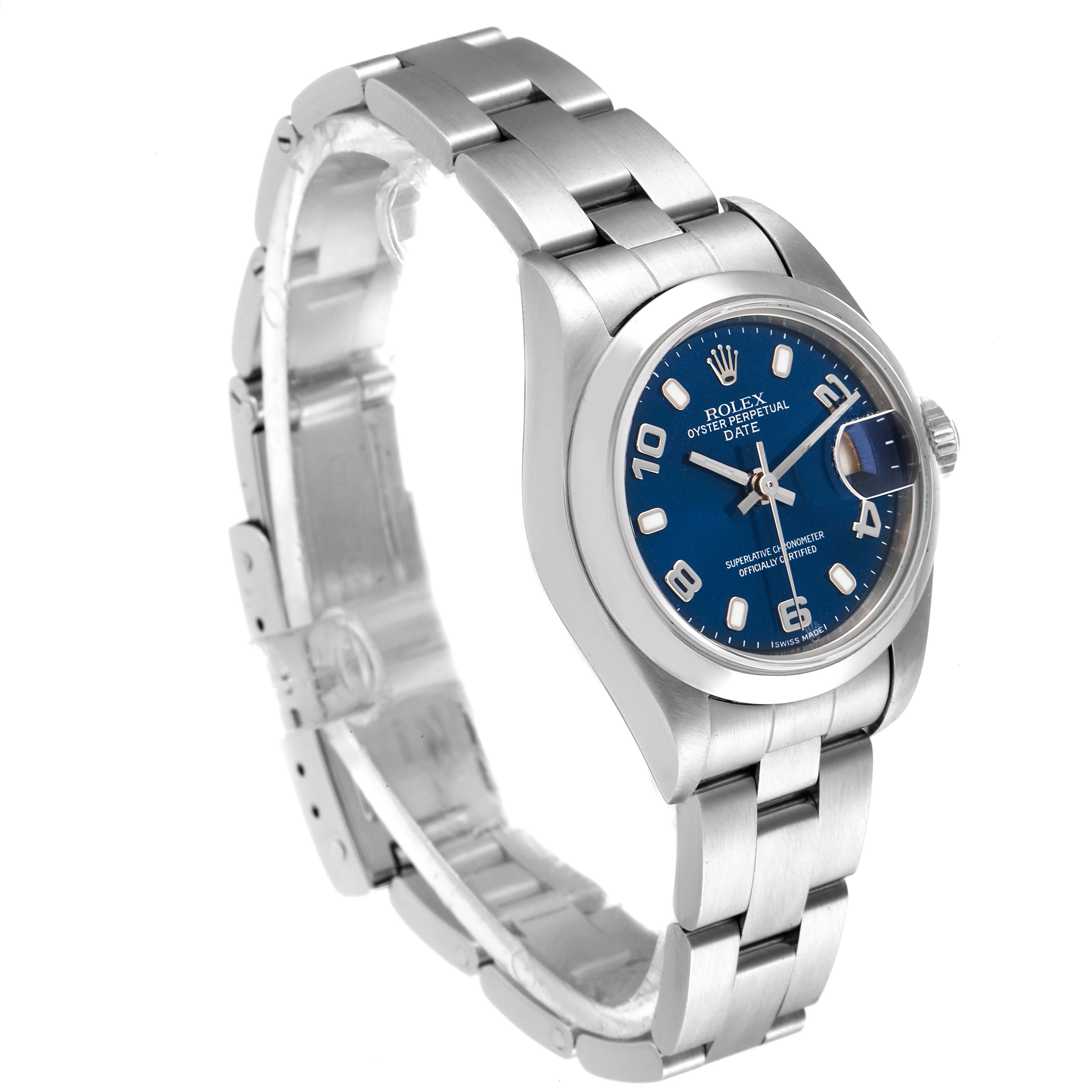 Rolex Date 26 Blue Dial Domed Bezel Steel Ladies Watch 79160 Box Papers