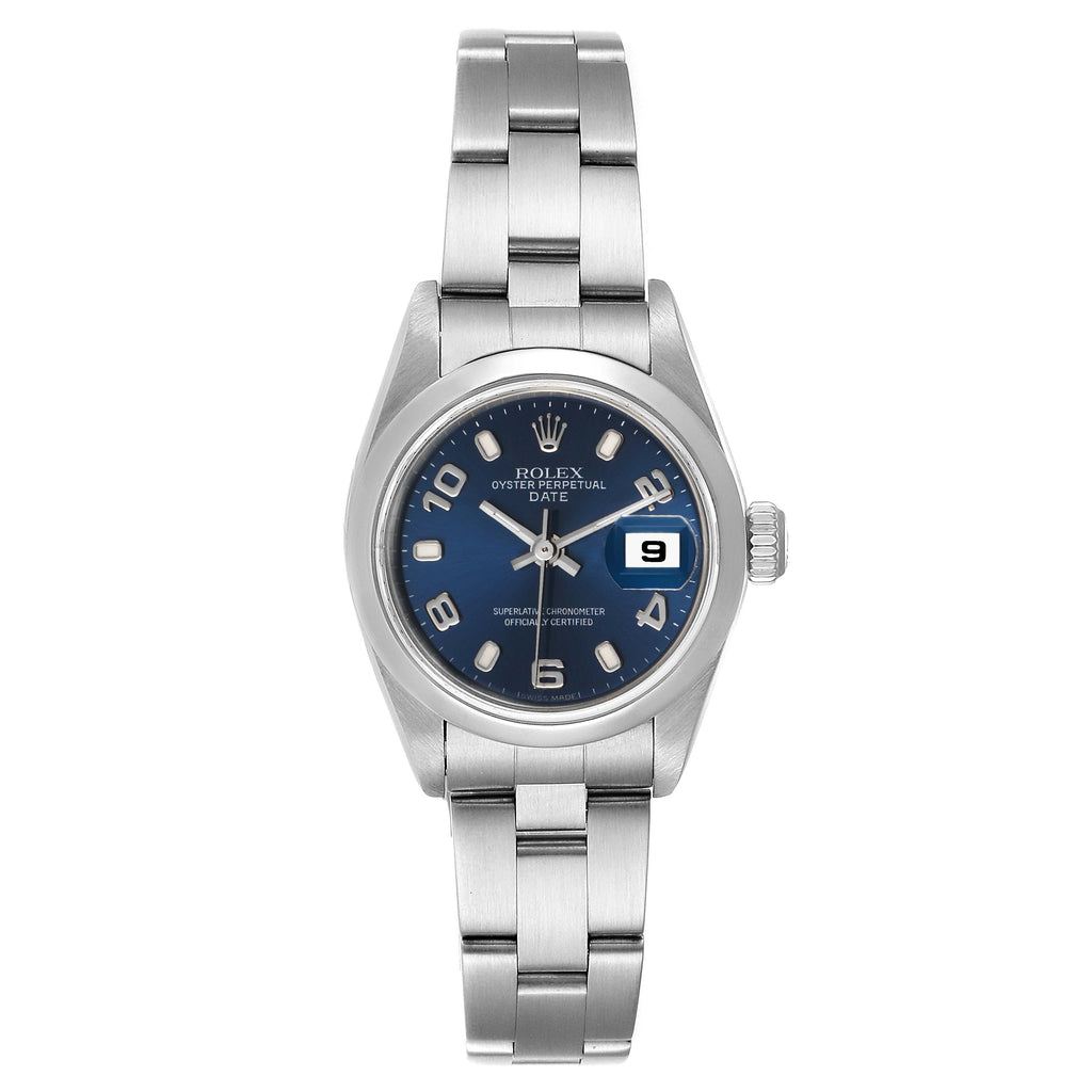 Rolex Date 26 Blue Dial Domed Bezel Steel Ladies Watch 79160 Box Papers