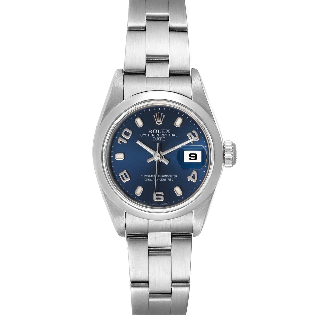 Rolex Date 26 Blue Dial Domed Bezel Steel Ladies Watch 79160 Box Papers