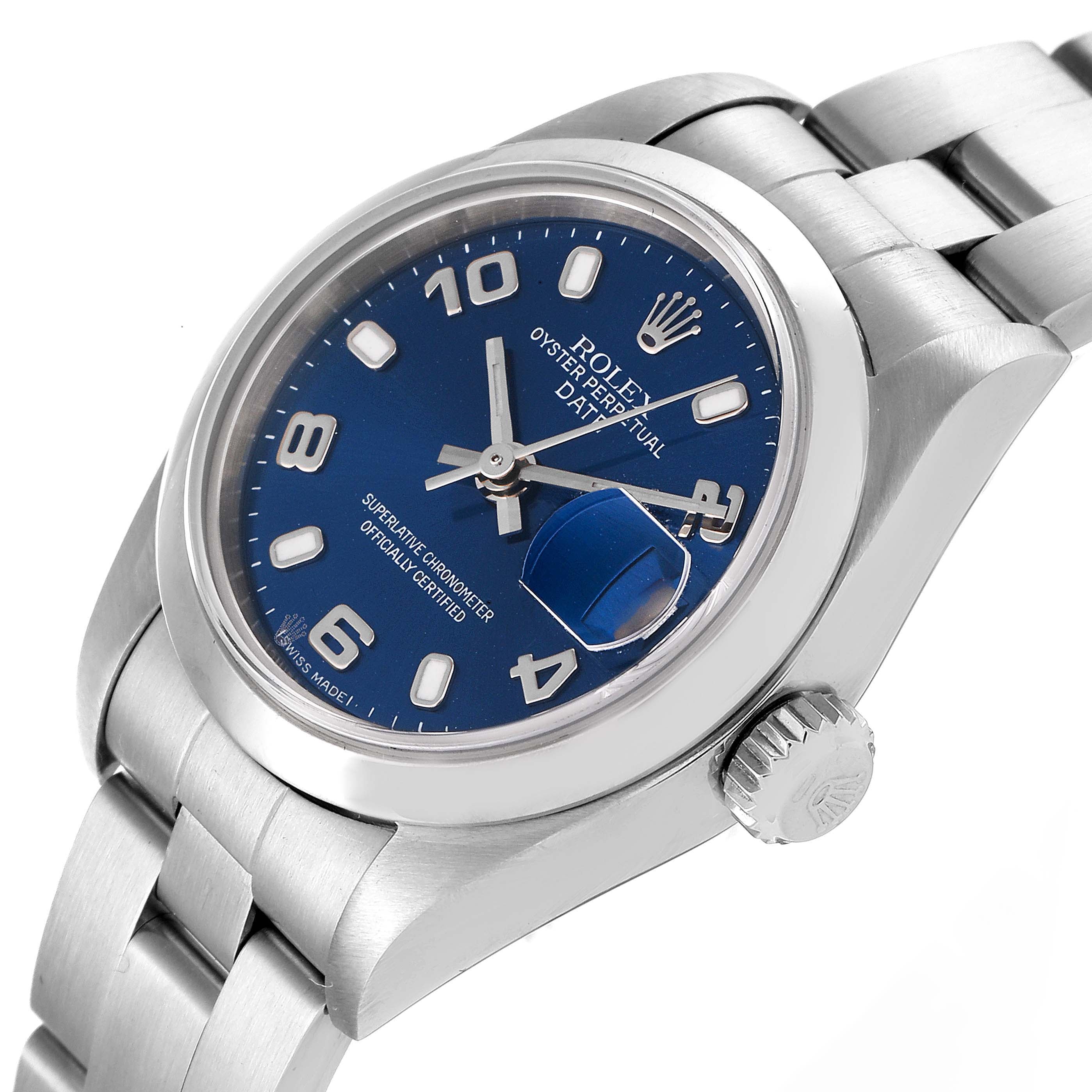 Rolex Date 26 Blue Dial Domed Bezel Steel Ladies Watch 79160 Box Papers