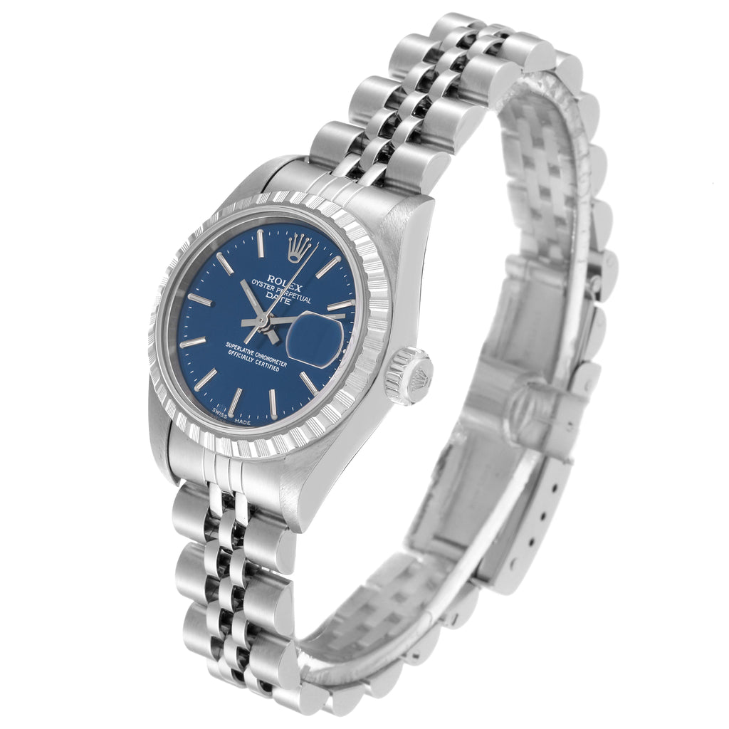 Rolex Date 26 Blue Dial Engine Turned Bezel Steel Ladies Watch 79240 Box Papers