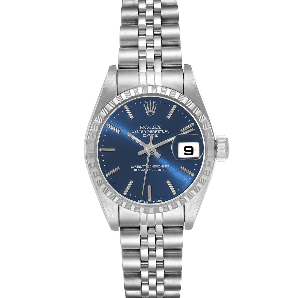 Rolex Date 26 Blue Dial Engine Turned Bezel Steel Ladies Watch 79240 Box Papers