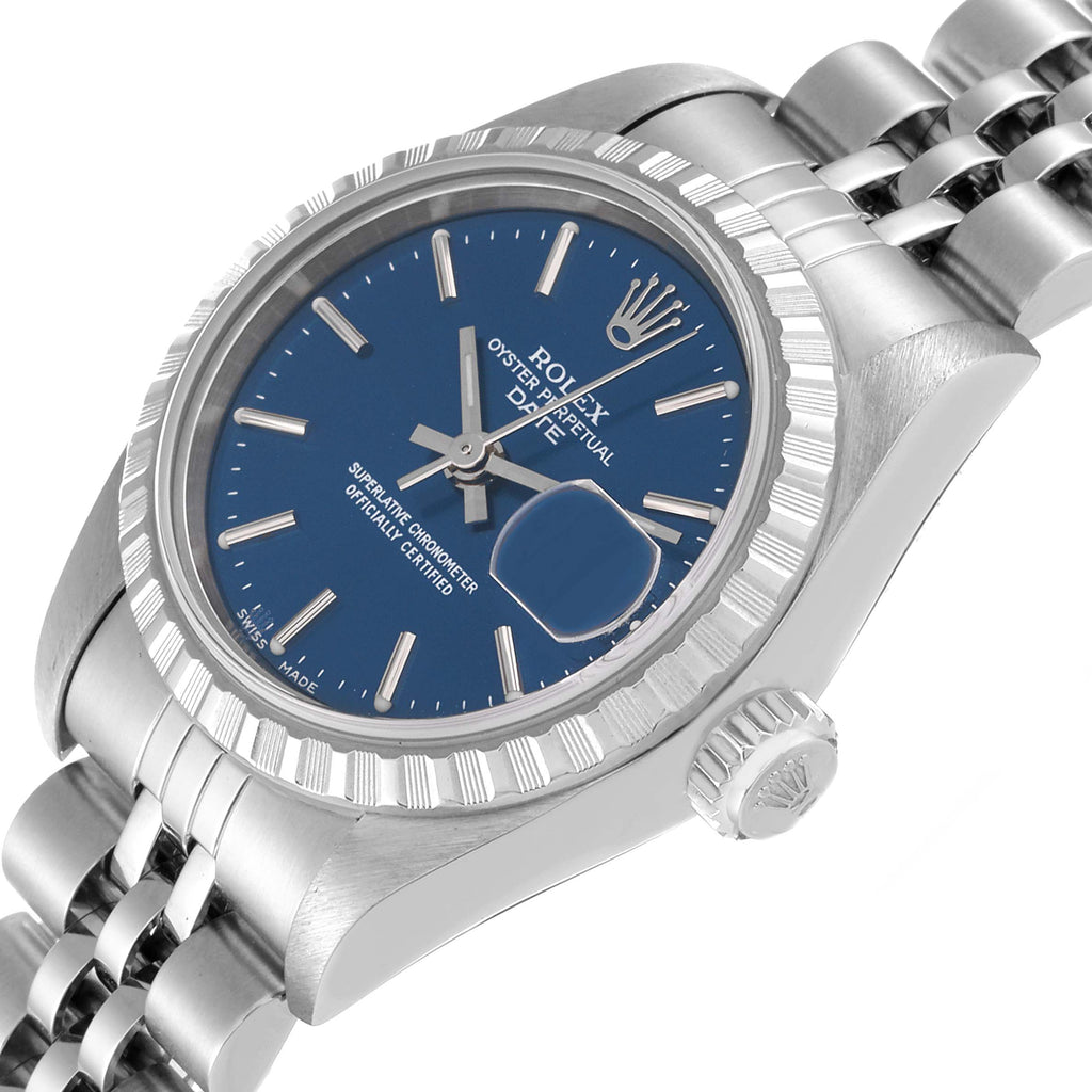 Rolex Date 26 Blue Dial Engine Turned Bezel Steel Ladies Watch 79240 Box Papers