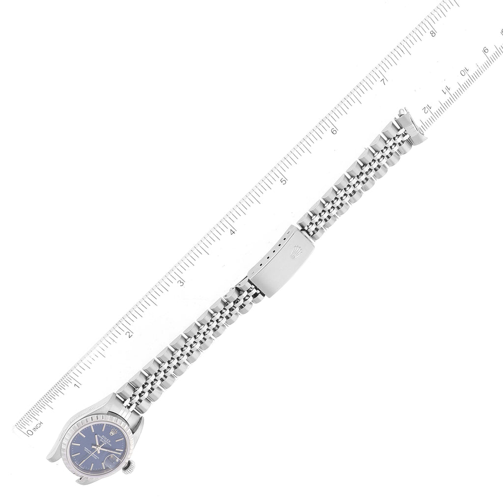 Rolex Date 26 Blue Dial Engine Turned Bezel Steel Ladies Watch 79240 Box Papers