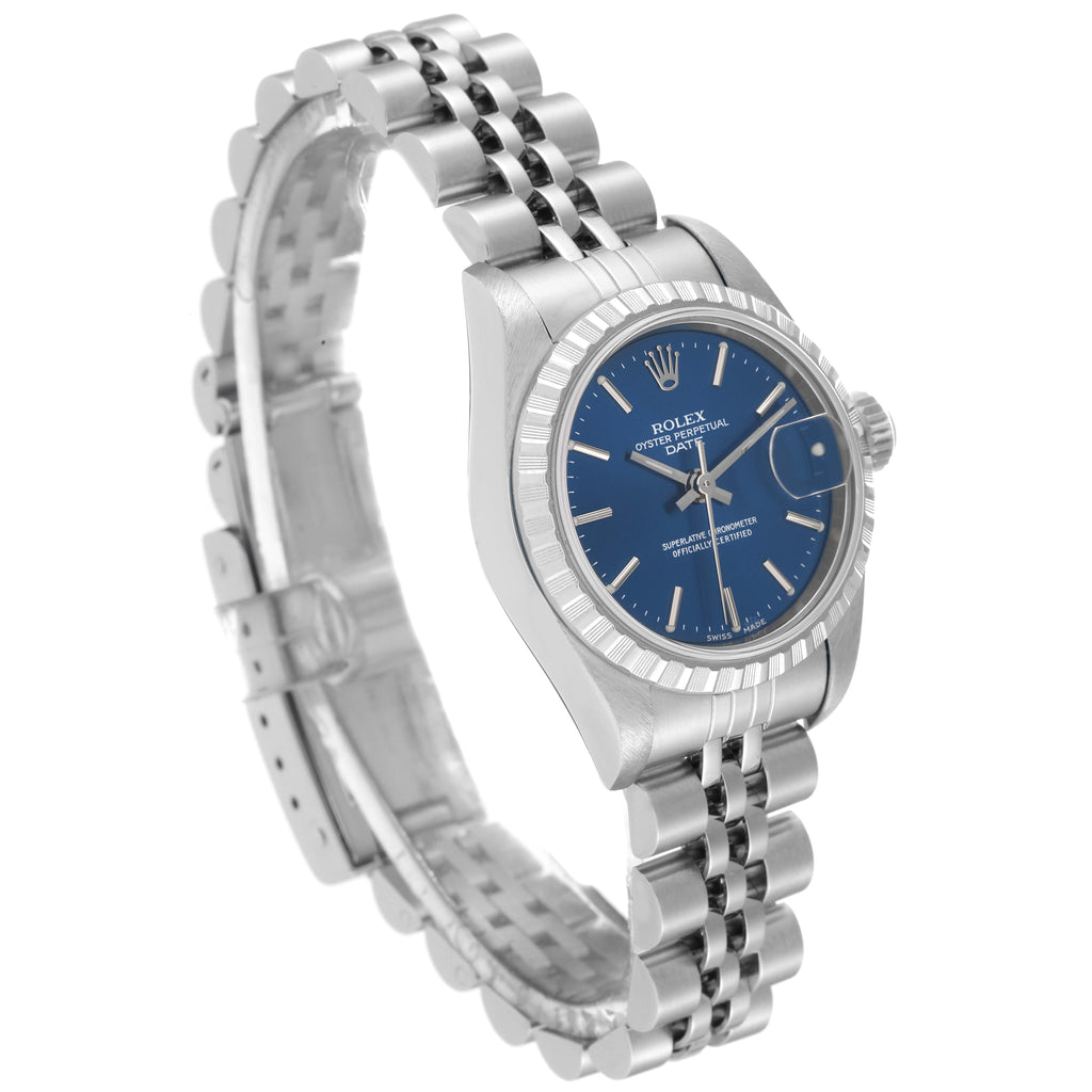 Rolex Date 26 Blue Dial Engine Turned Bezel Steel Ladies Watch 79240 Box Papers