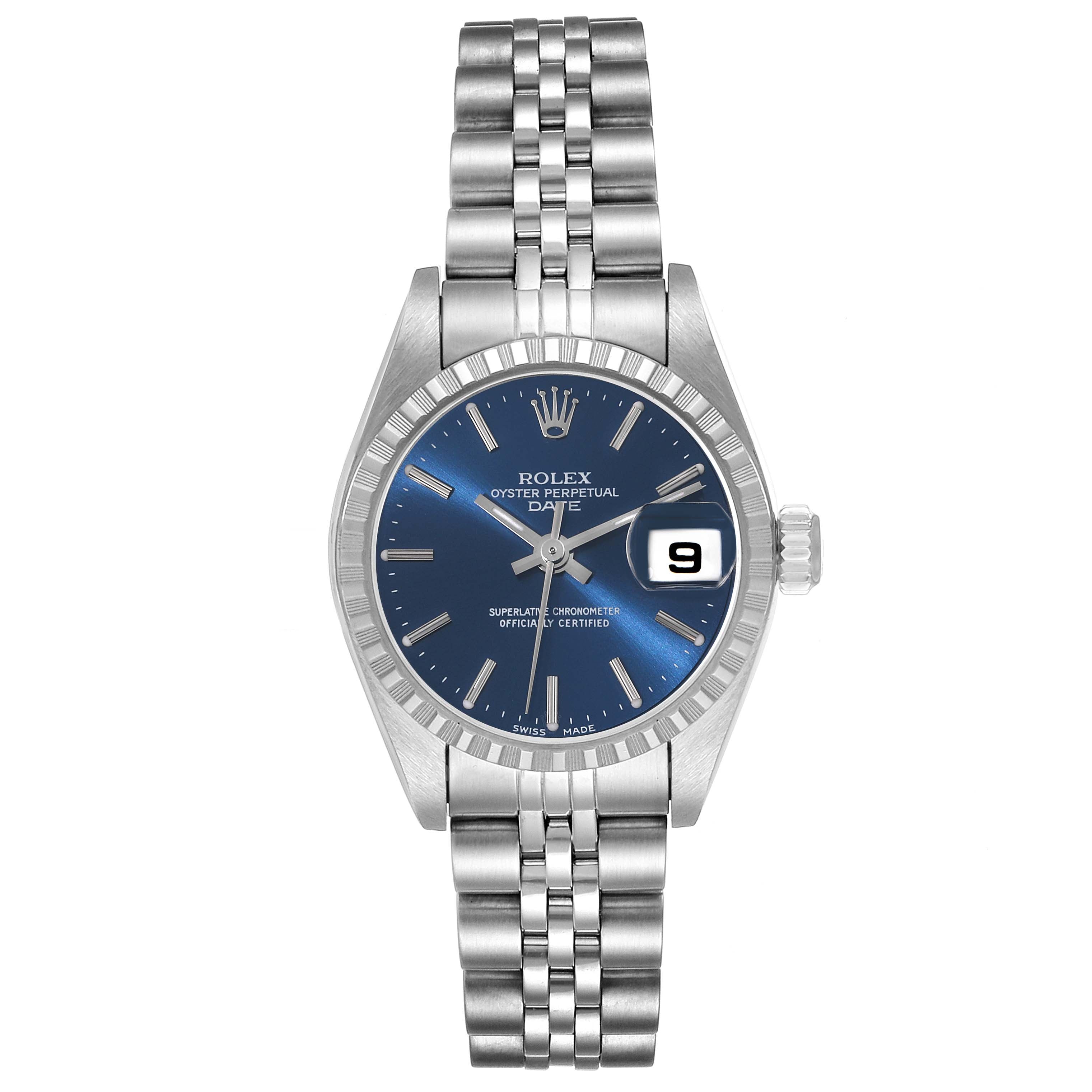 Rolex Date 26 Blue Dial Engine Turned Bezel Steel Ladies Watch 79240 Box Papers
