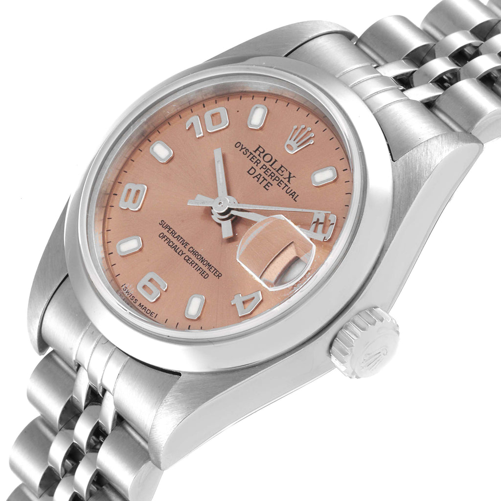 Rolex Date 26 Salmon Dial Domed Bezel Steel Ladies Watch 79160