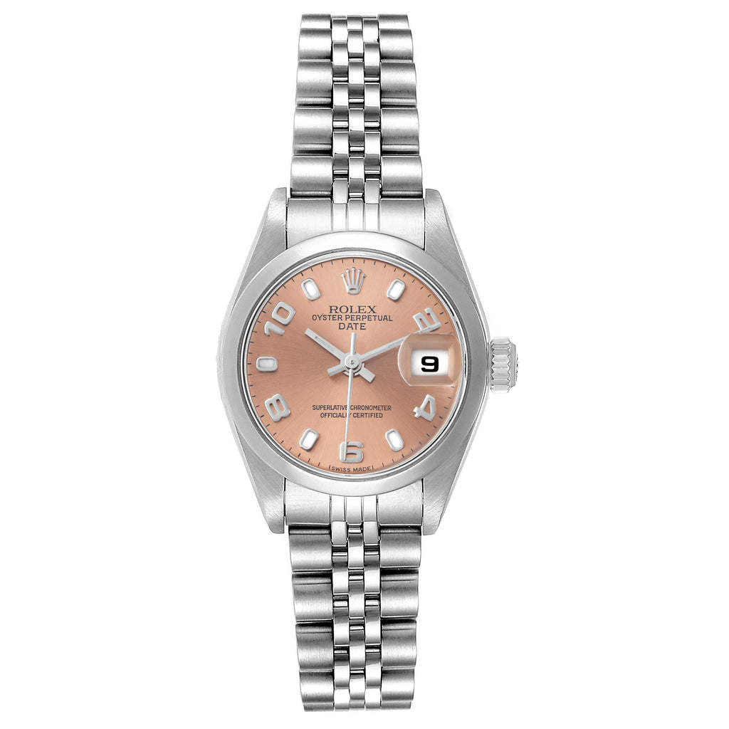 Rolex Date 26 Salmon Dial Domed Bezel Steel Ladies Watch 79160