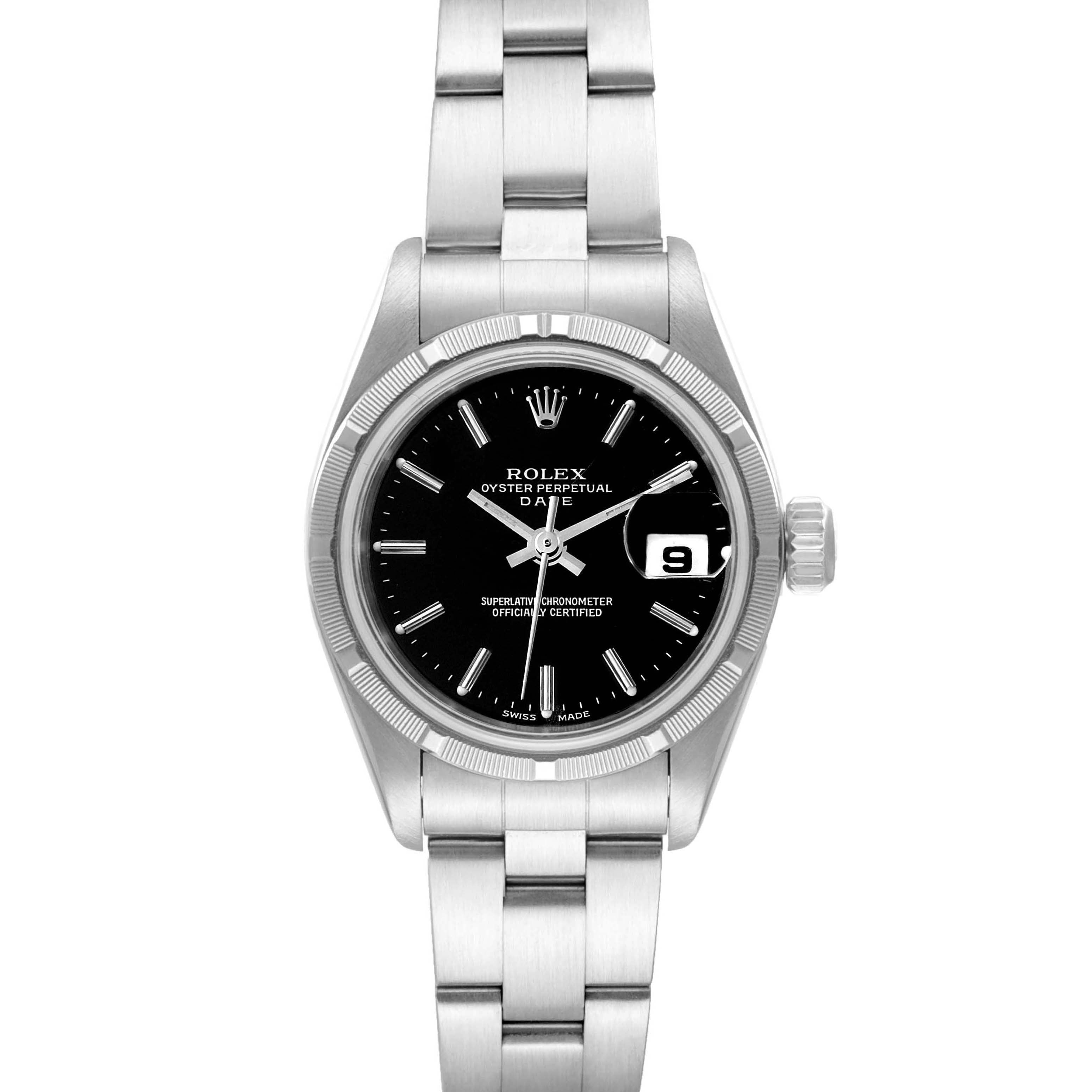 Rolex Date 26 Stainless Steel Black Baton Dial Ladies Watch 79190