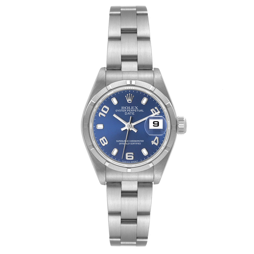 Rolex Date 26 Steel Engine Turned Bezel Blue Dial Ladies Watch 79190