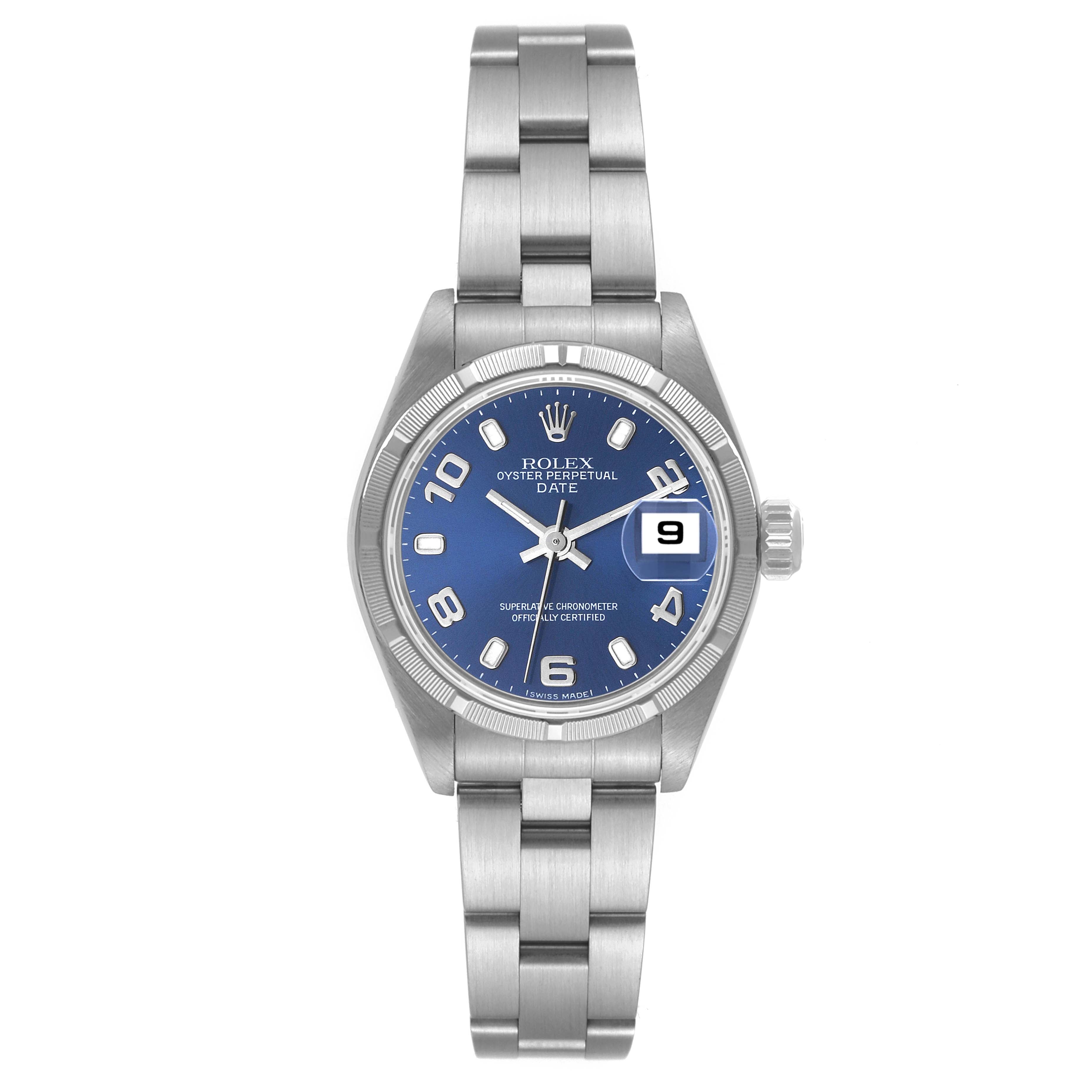 Rolex Date 26 Steel Engine Turned Bezel Blue Dial Ladies Watch 79190