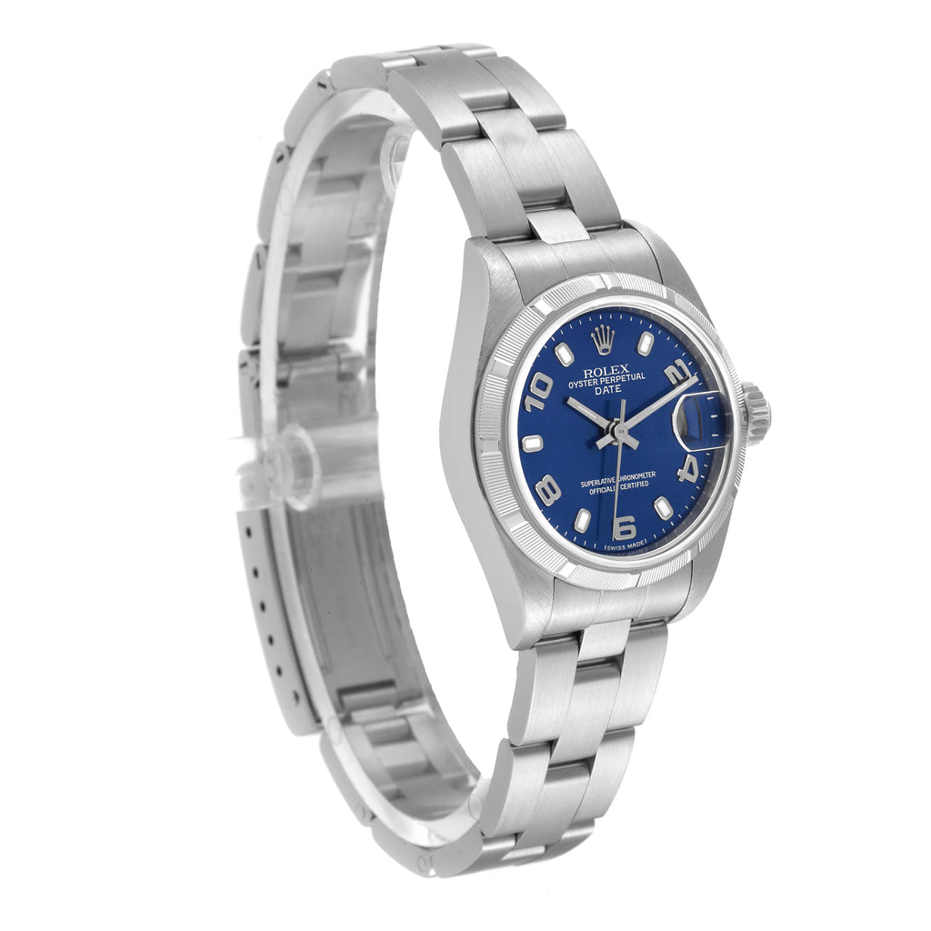 Rolex Date 26 Steel Engine Turned Bezel Blue Dial Ladies Watch 79190