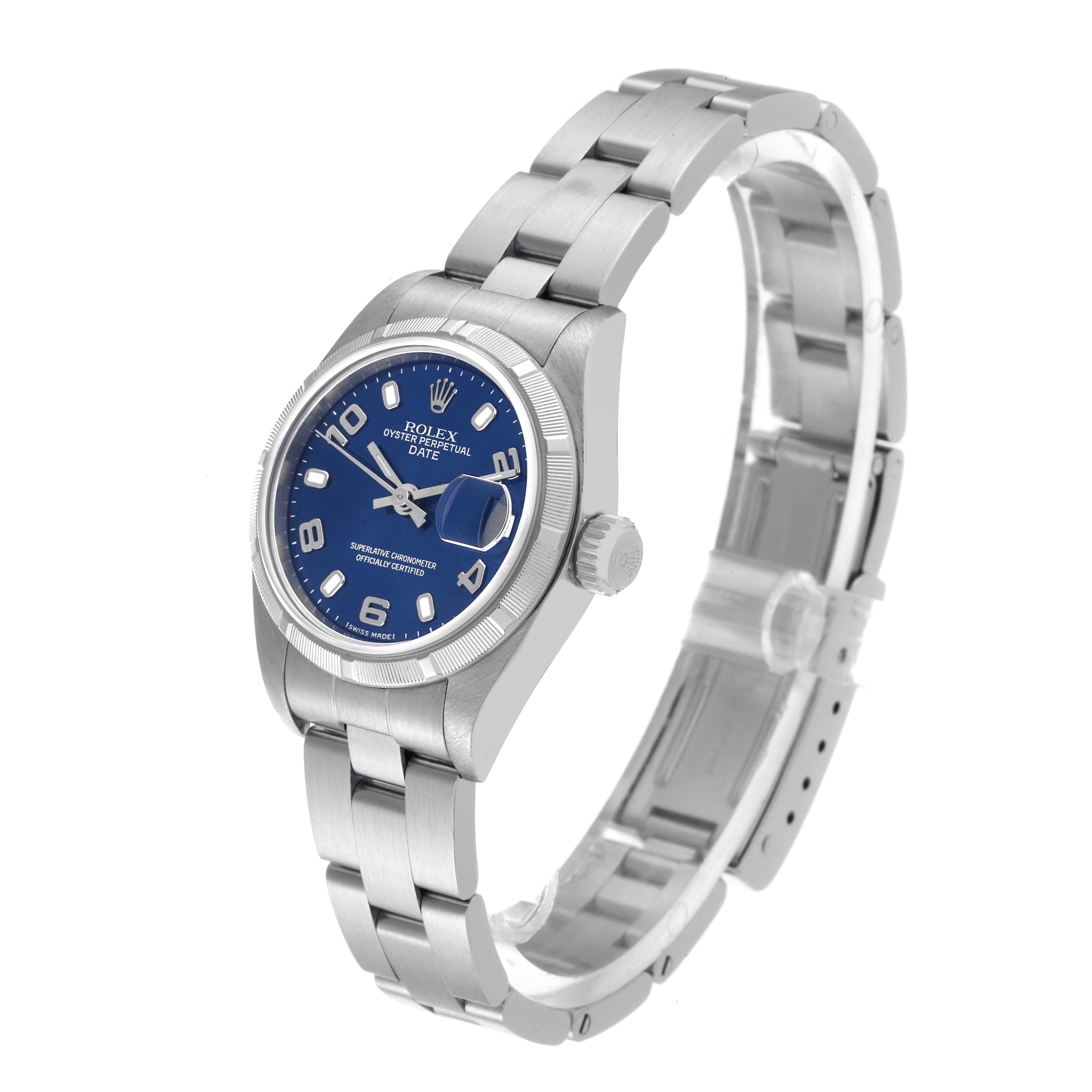 Rolex Date 26 Steel Engine Turned Bezel Blue Dial Ladies Watch 79190