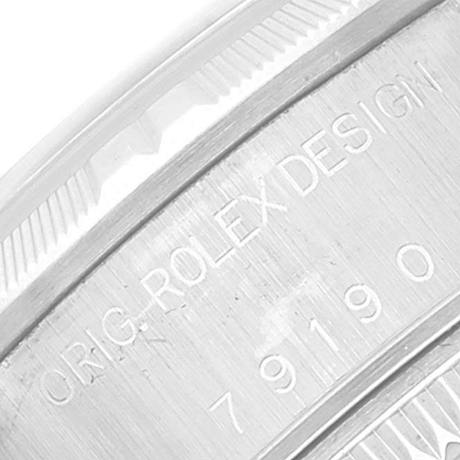 Rolex Date 26 Steel Engine Turned Bezel Blue Dial Ladies Watch 79190