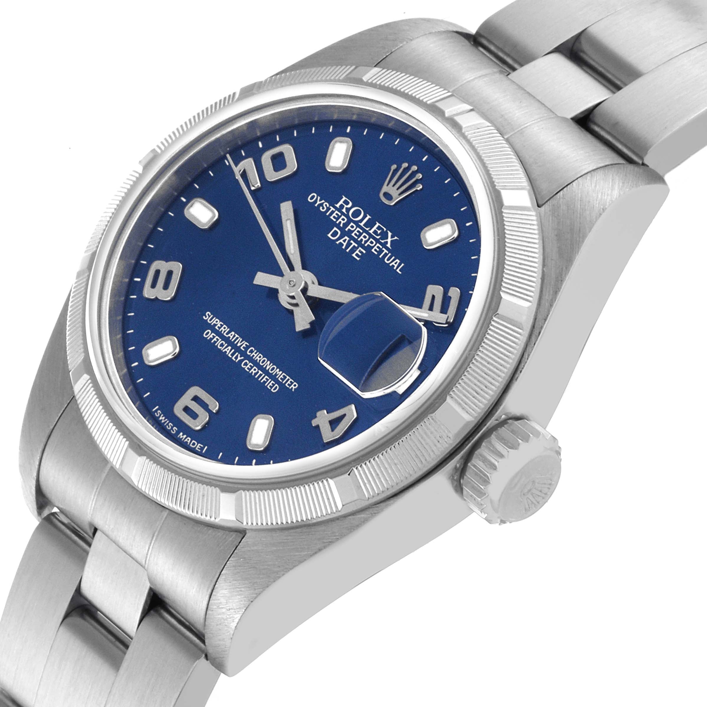 Rolex Date 26 Steel Engine Turned Bezel Blue Dial Ladies Watch 79190
