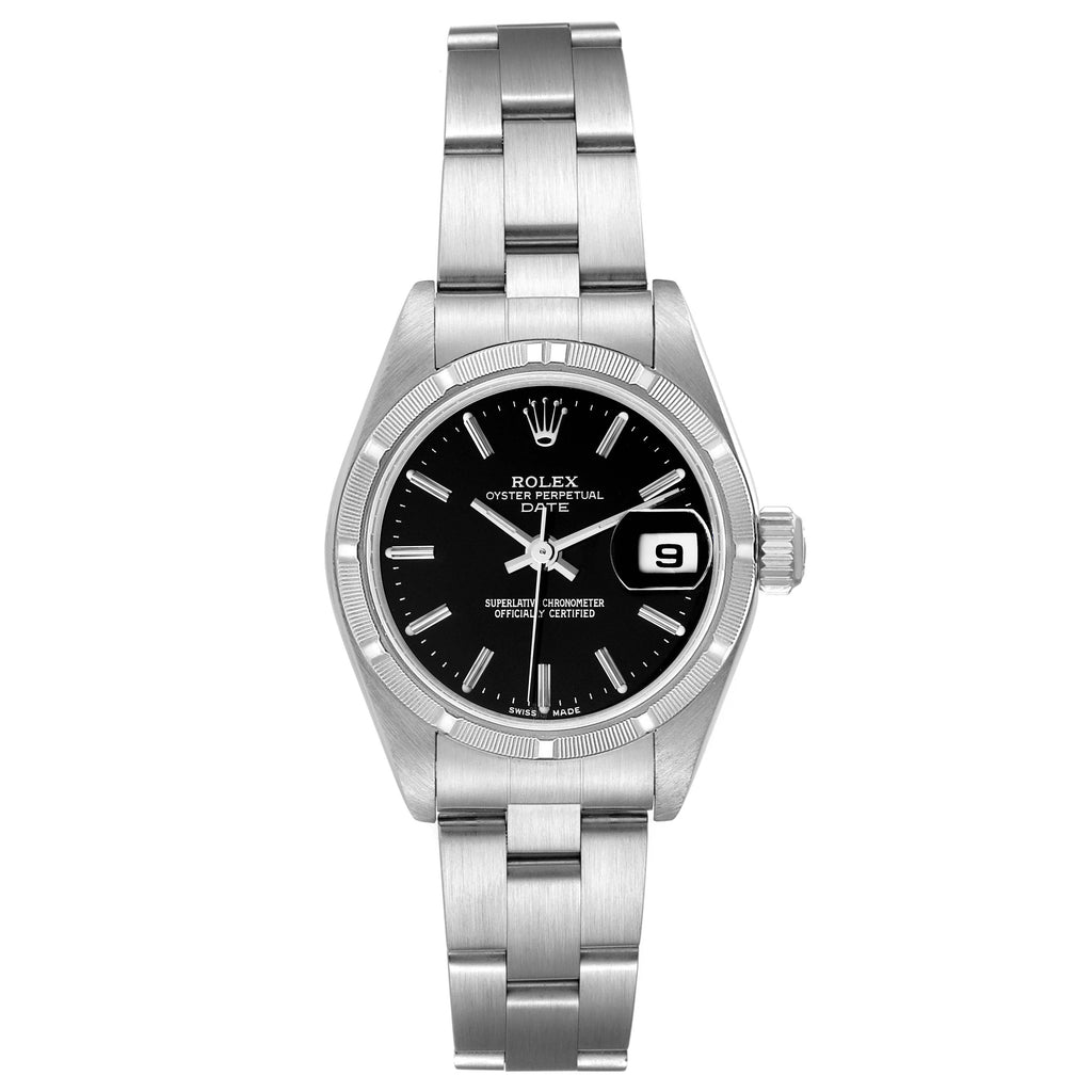 Rolex Date 26mm Stainless Steel Black Baton Dial Ladies Watch 79190