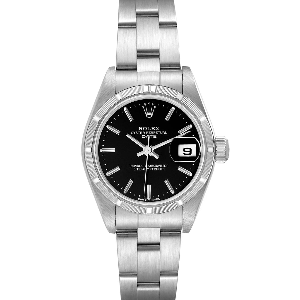 Rolex Date 26mm Stainless Steel Black Baton Dial Ladies Watch 79190