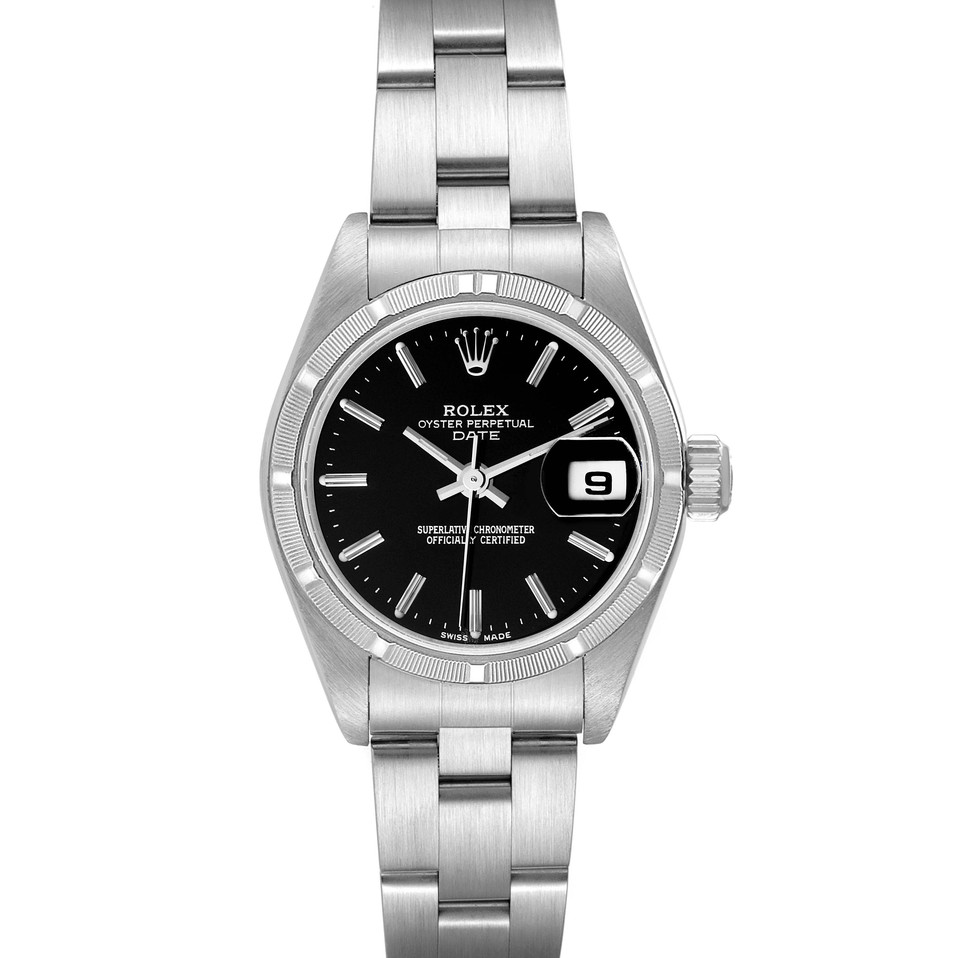 Rolex Date 26mm Stainless Steel Black Baton Dial Ladies Watch 79190