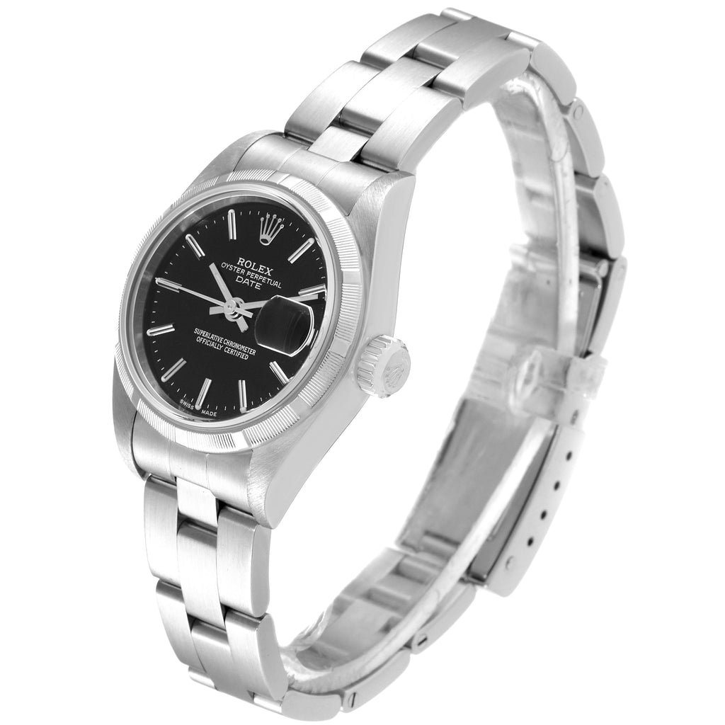 Rolex Date 26mm Stainless Steel Black Baton Dial Ladies Watch 79190