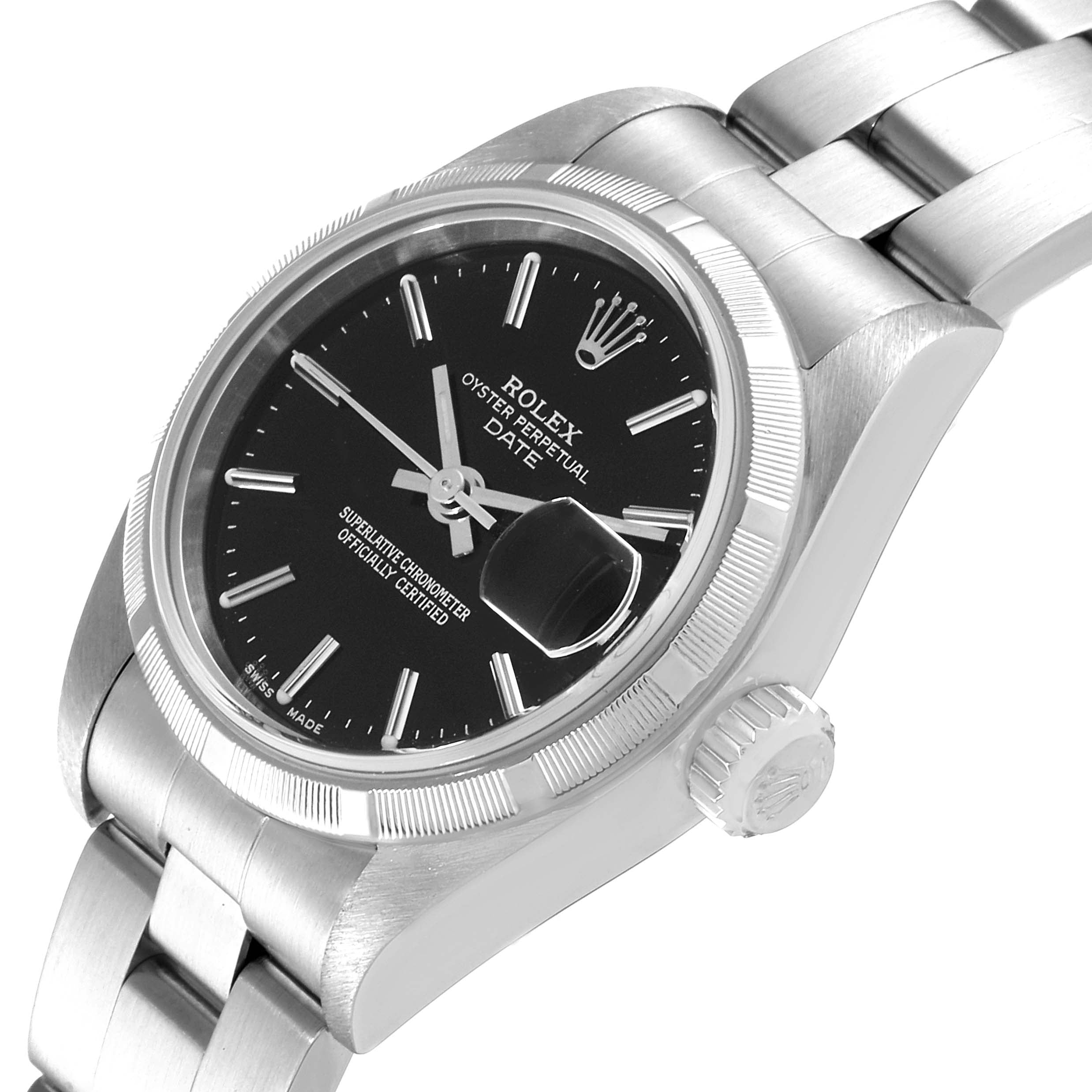 Rolex Date 26mm Stainless Steel Black Baton Dial Ladies Watch 79190