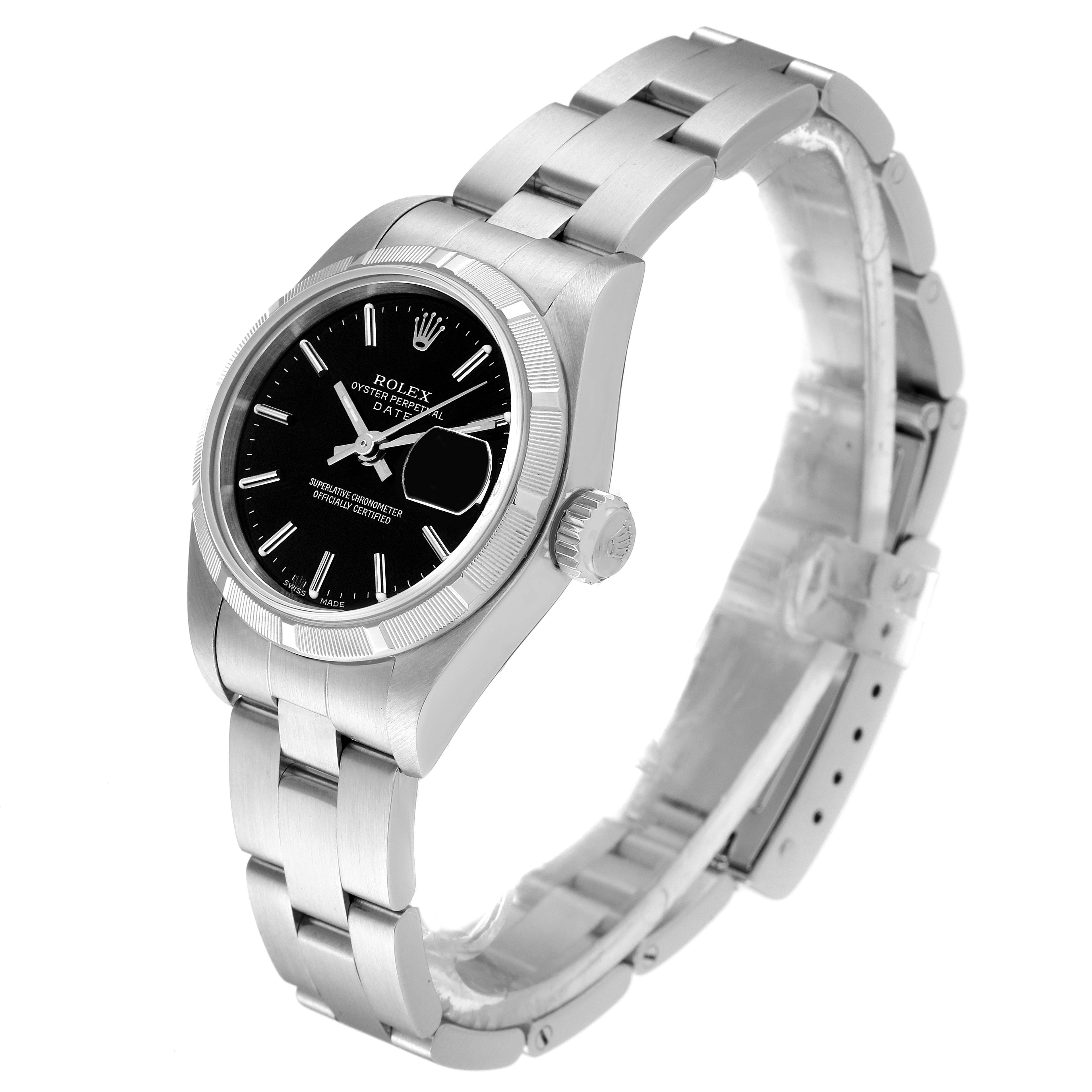 Rolex Date Steel Black Baton Dial Oyster Bracelet Ladies Watch 79190