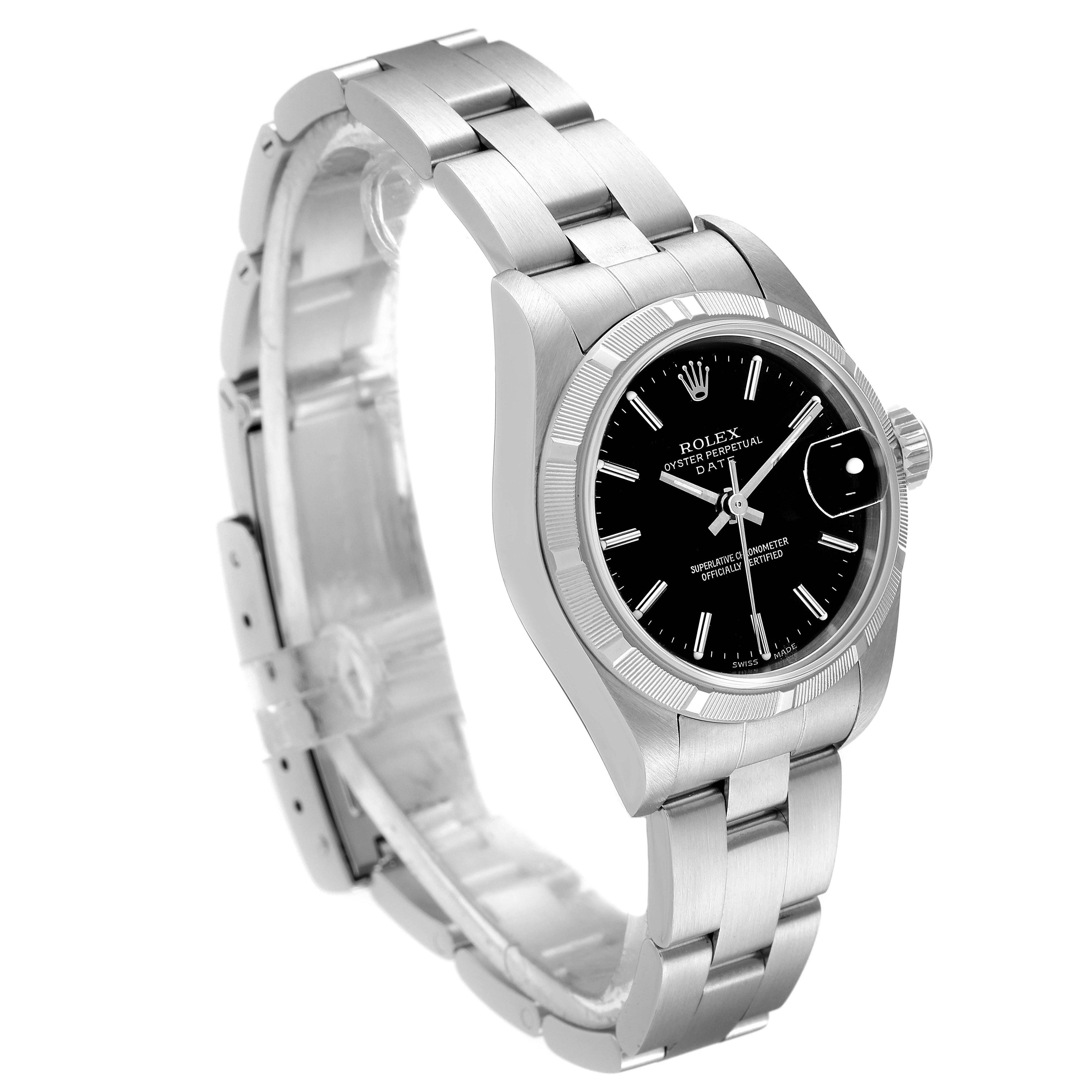 Rolex Date Steel Black Baton Dial Oyster Bracelet Ladies Watch 79190