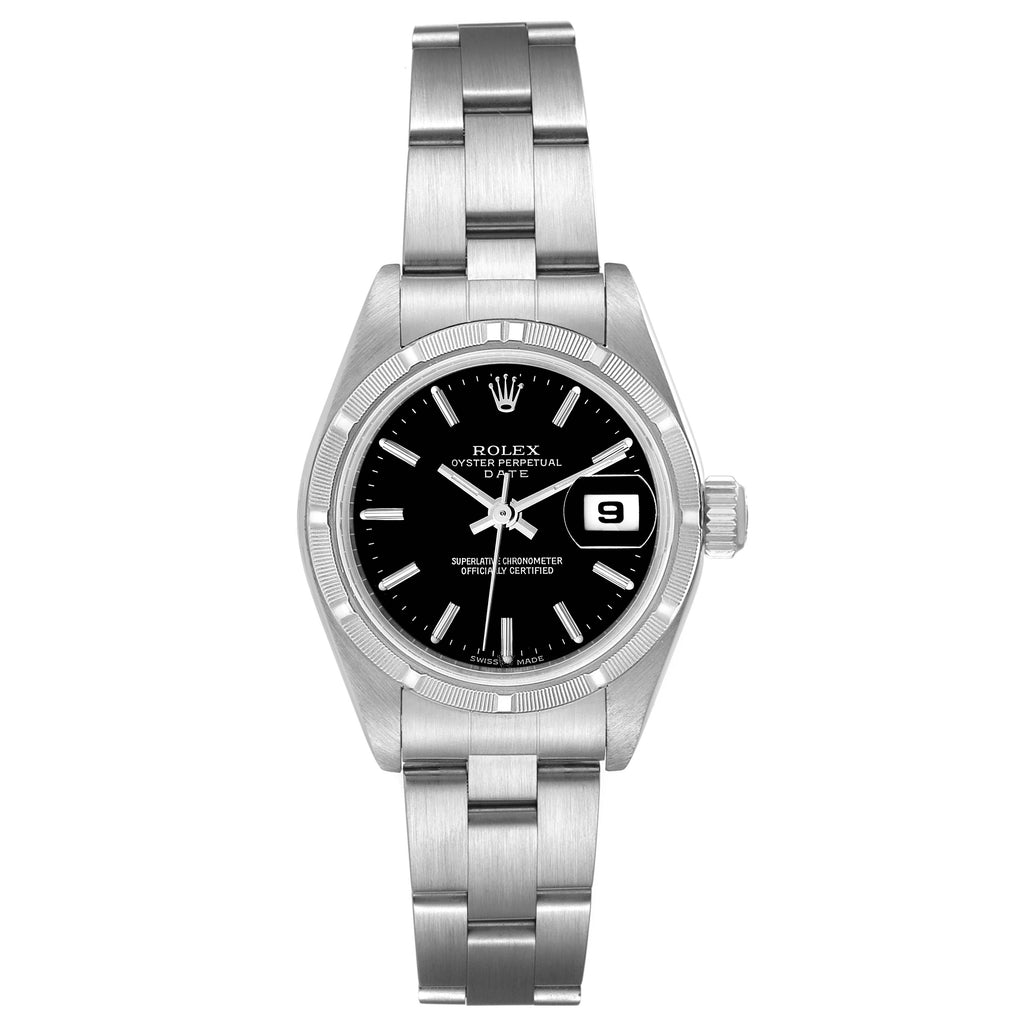 Rolex Date Steel Black Baton Dial Oyster Bracelet Ladies Watch 79190