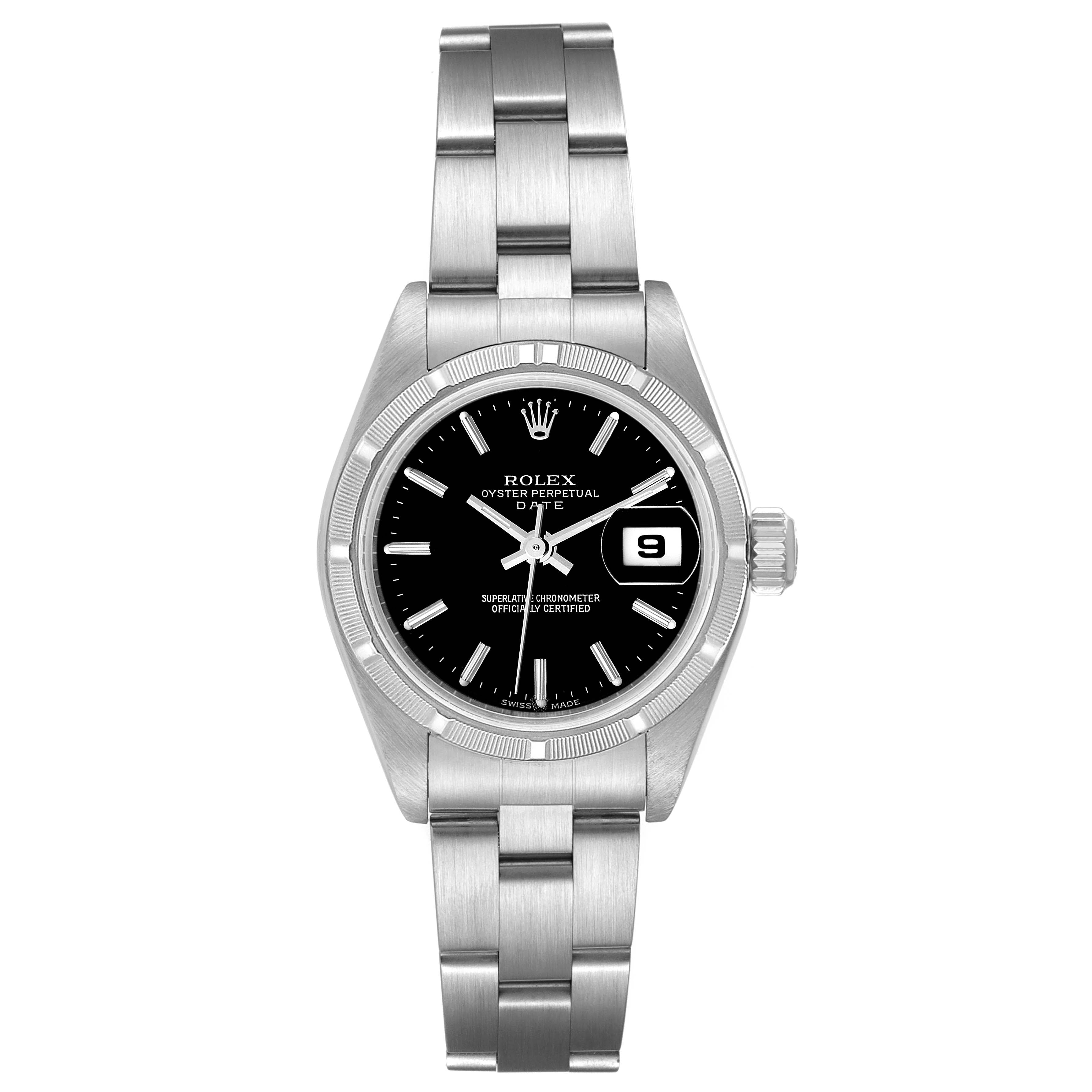 Rolex Date Steel Black Baton Dial Oyster Bracelet Ladies Watch 79190