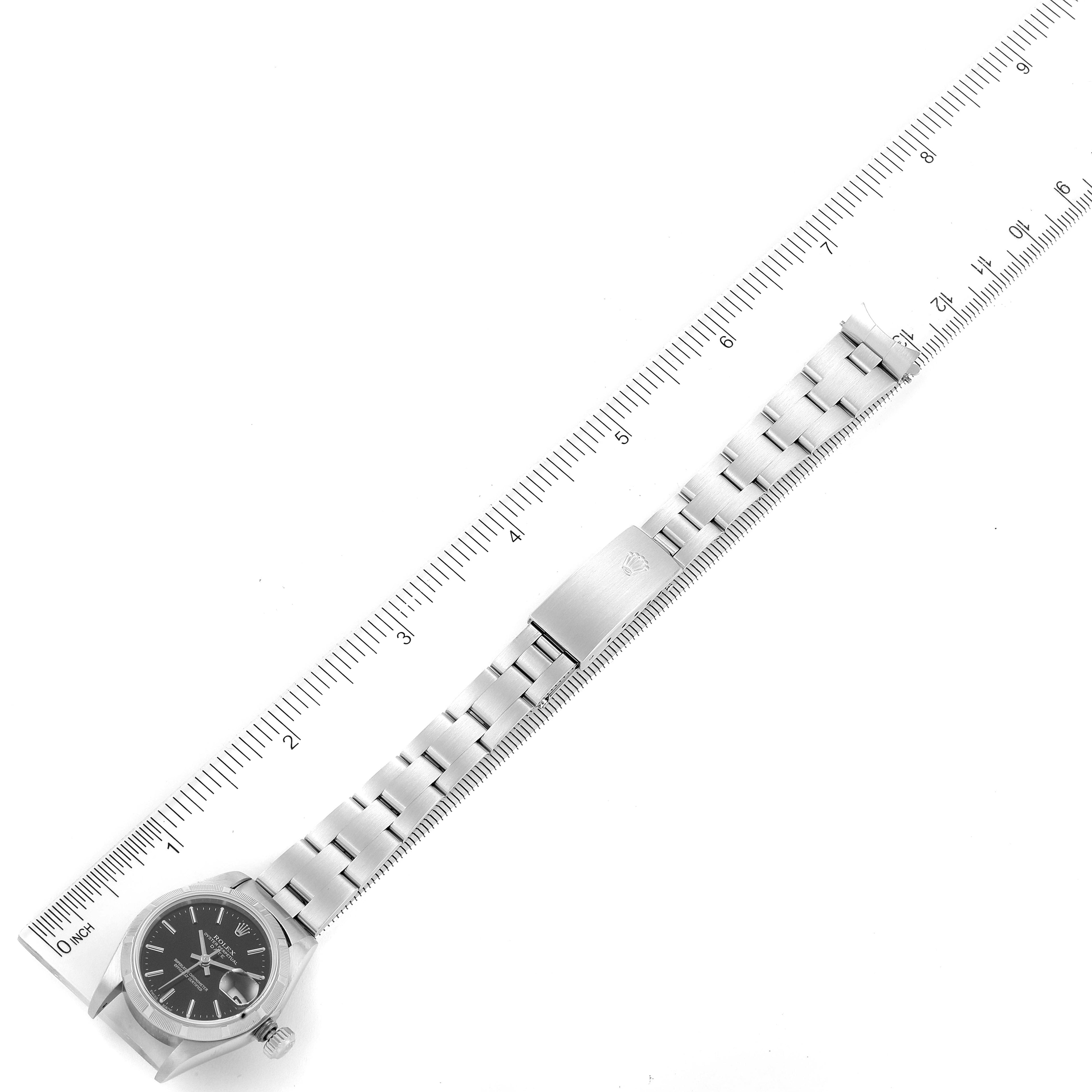 Rolex Date Steel Black Baton Dial Oyster Bracelet Ladies Watch 79190