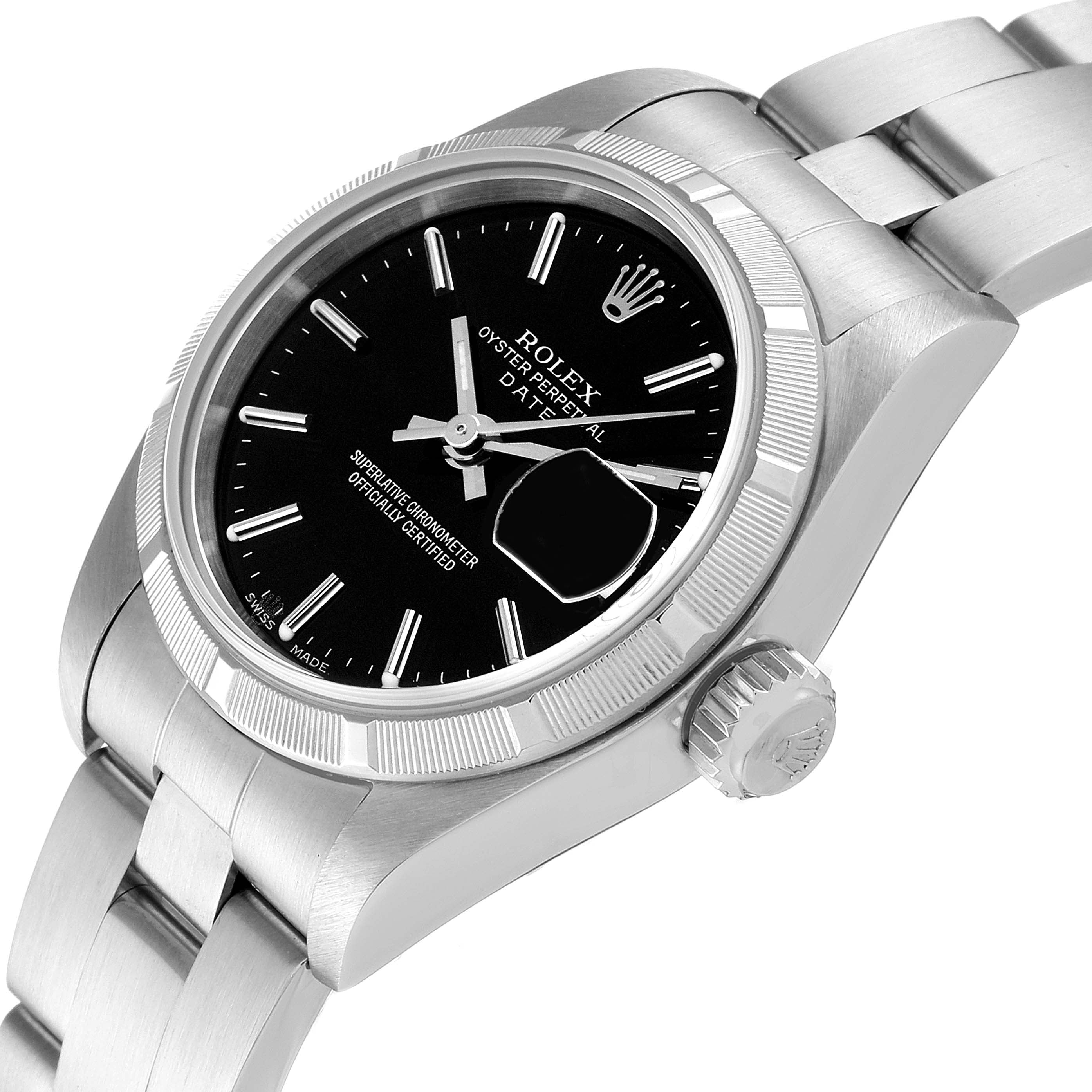 Rolex Date Steel Black Baton Dial Oyster Bracelet Ladies Watch 79190