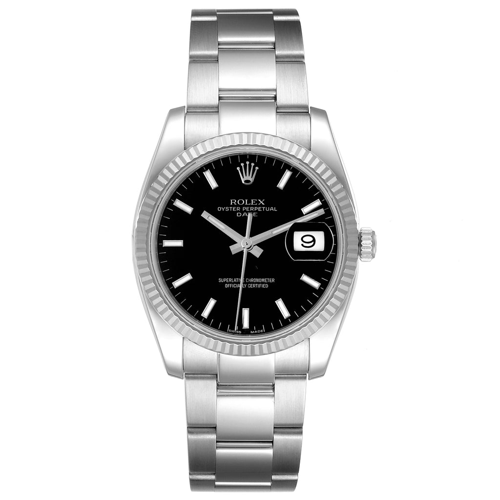 Rolex Date 34 Steel White Gold Black Dial Mens Watch 115234
