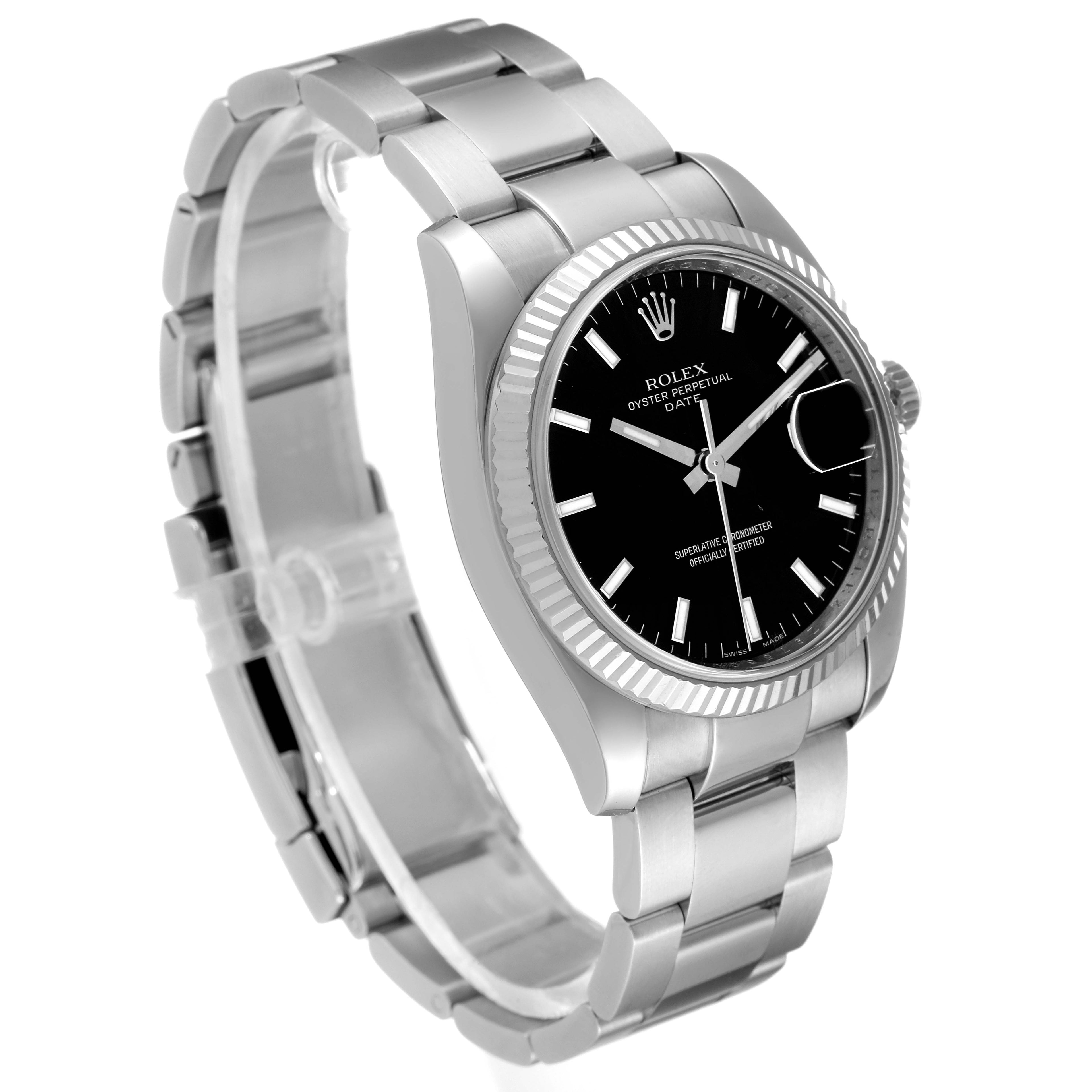 Rolex Date 34 Steel White Gold Black Dial Mens Watch 115234