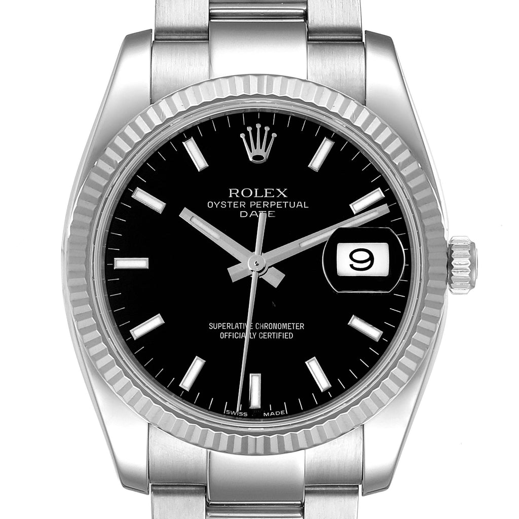 Rolex Date 34 Steel White Gold Black Dial Mens Watch 115234