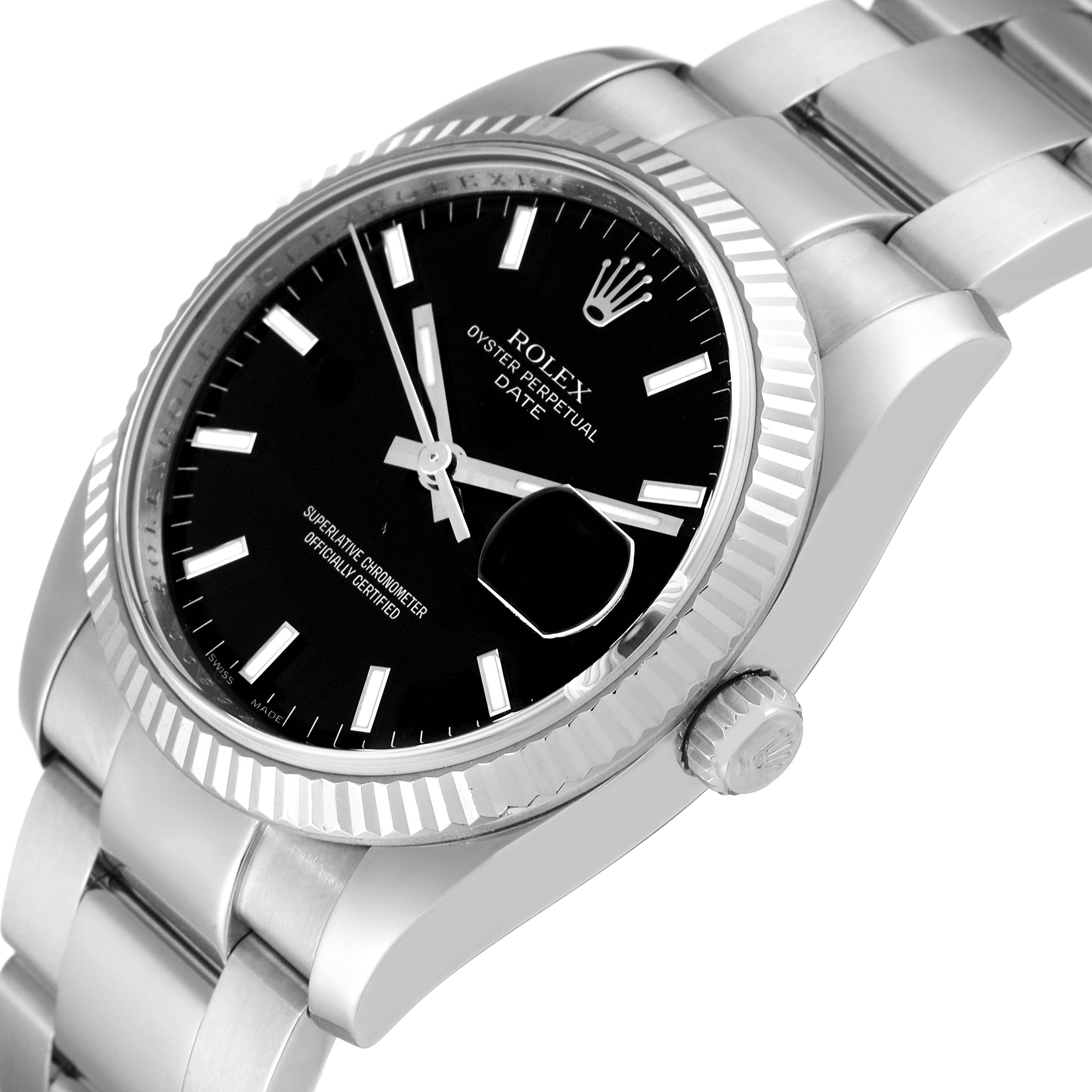 Rolex Date 34 Steel White Gold Black Dial Mens Watch 115234