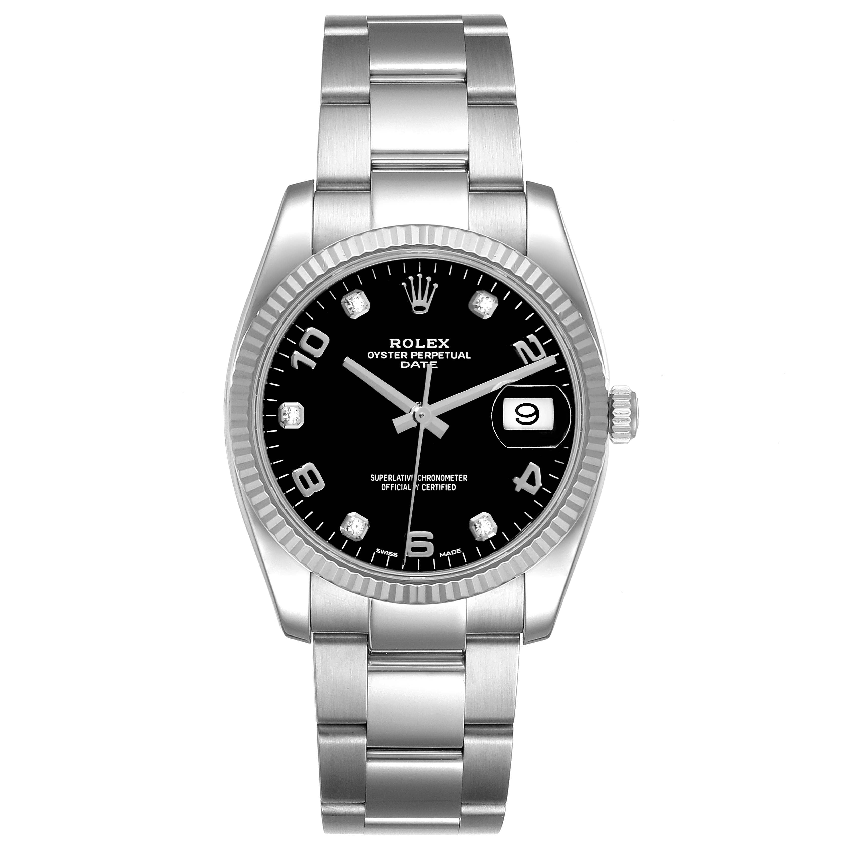 Rolex Date 34 Steel White Gold Black Diamond Dial Mens Watch 115234 Box Card