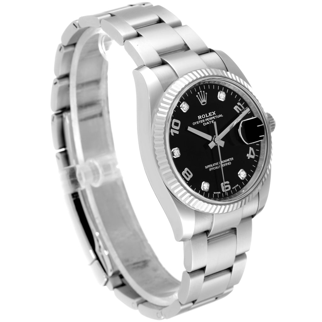 Rolex Date 34 Steel White Gold Black Diamond Dial Mens Watch 115234 Box Card