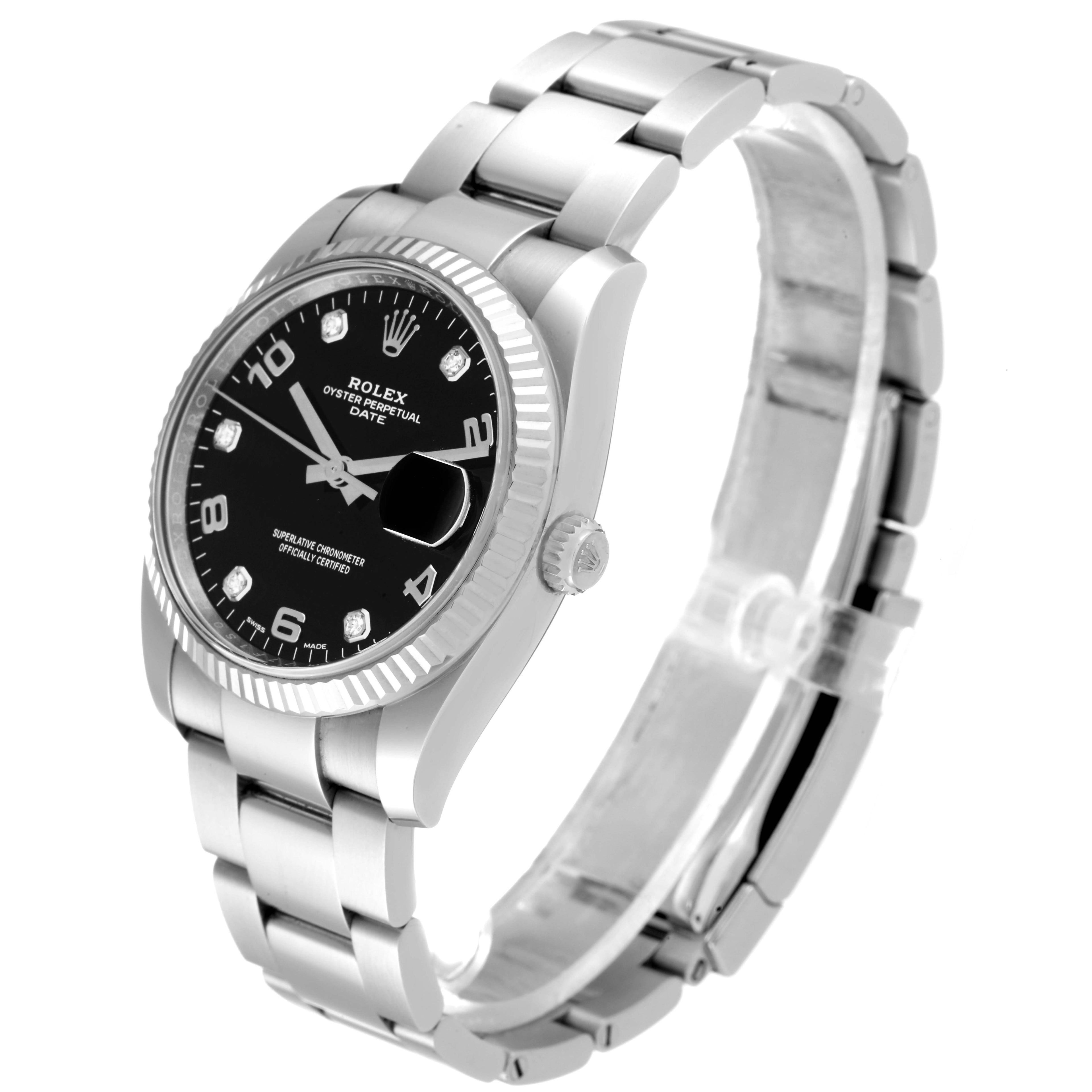 Rolex Date 34 Steel White Gold Black Diamond Dial Mens Watch 115234 Box Card