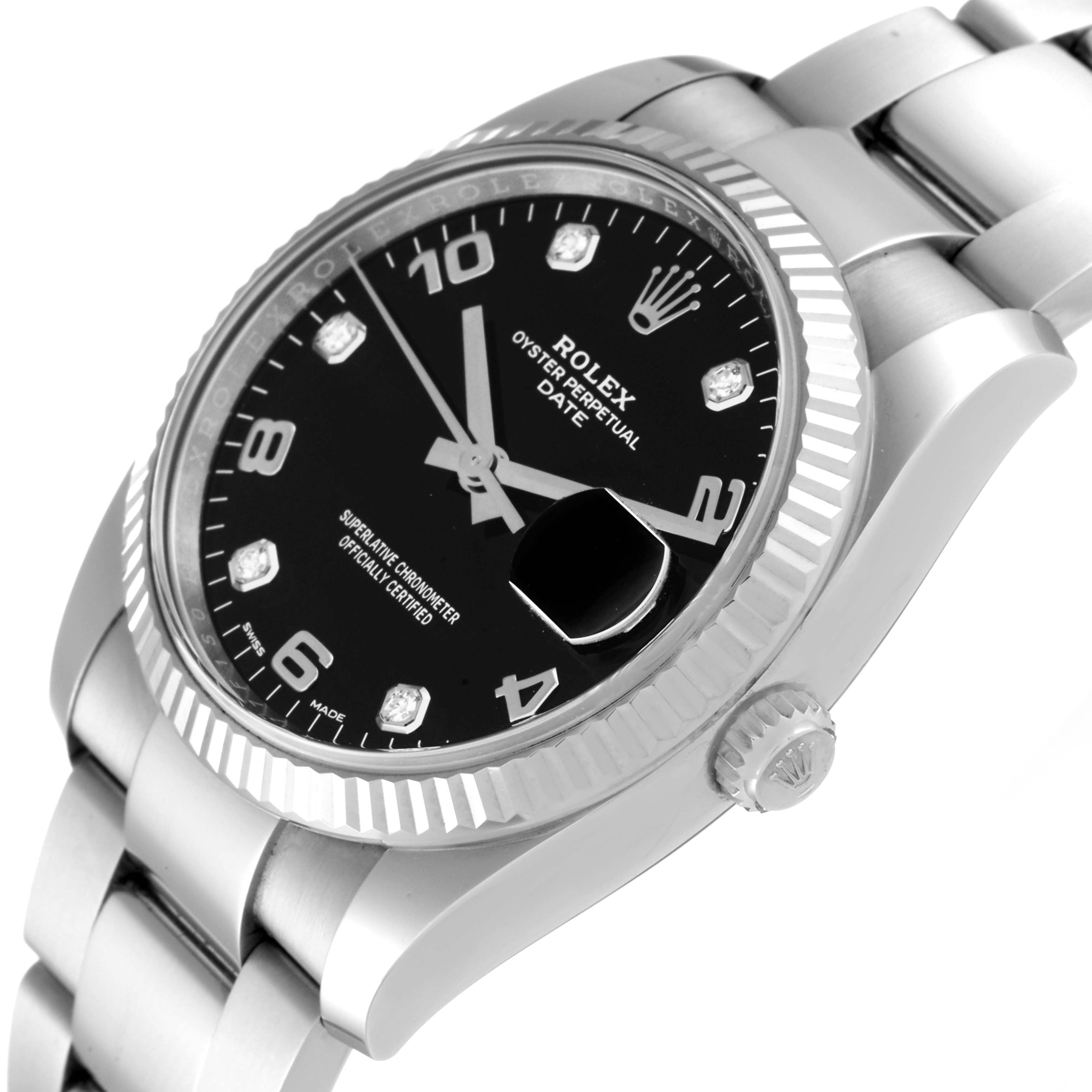 Rolex Date 34 Steel White Gold Black Diamond Dial Mens Watch 115234 Box Card