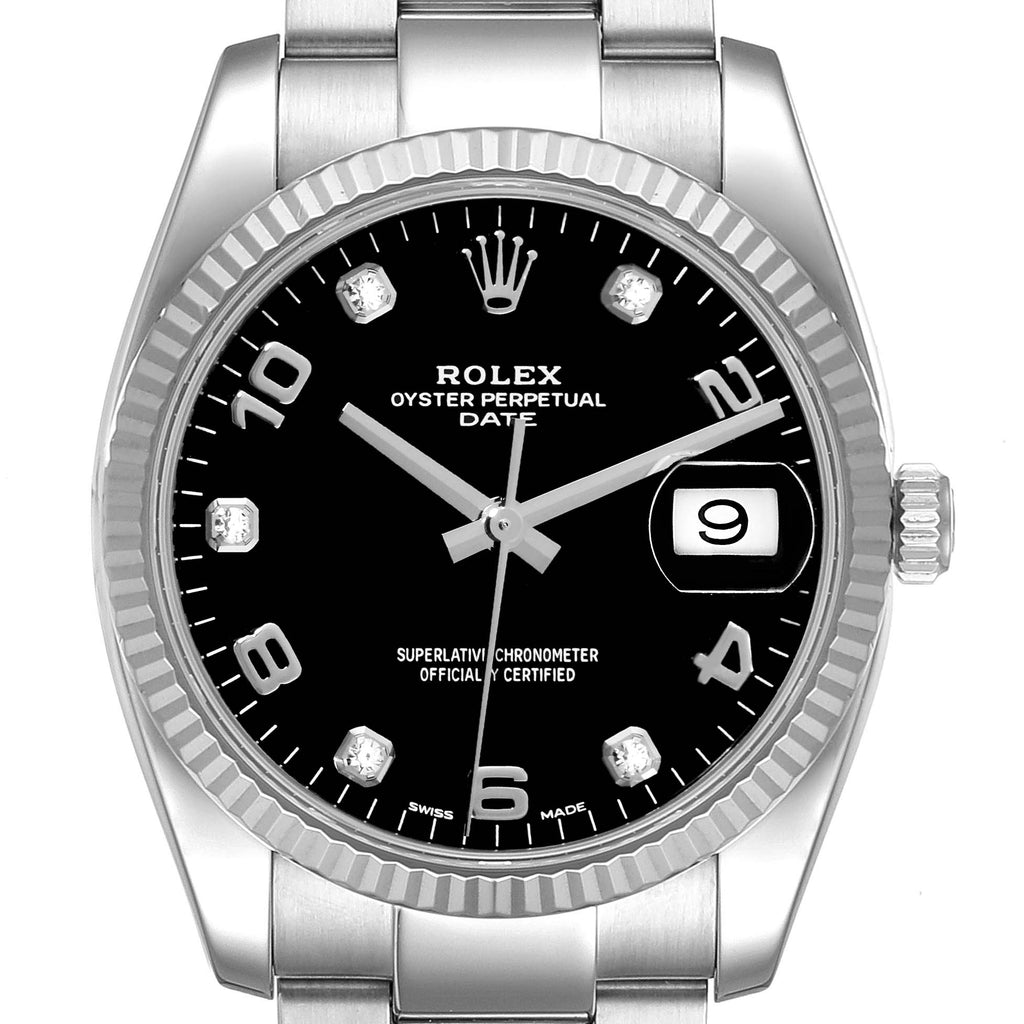 Rolex Date 34 Steel White Gold Black Diamond Dial Mens Watch 115234 Box Card